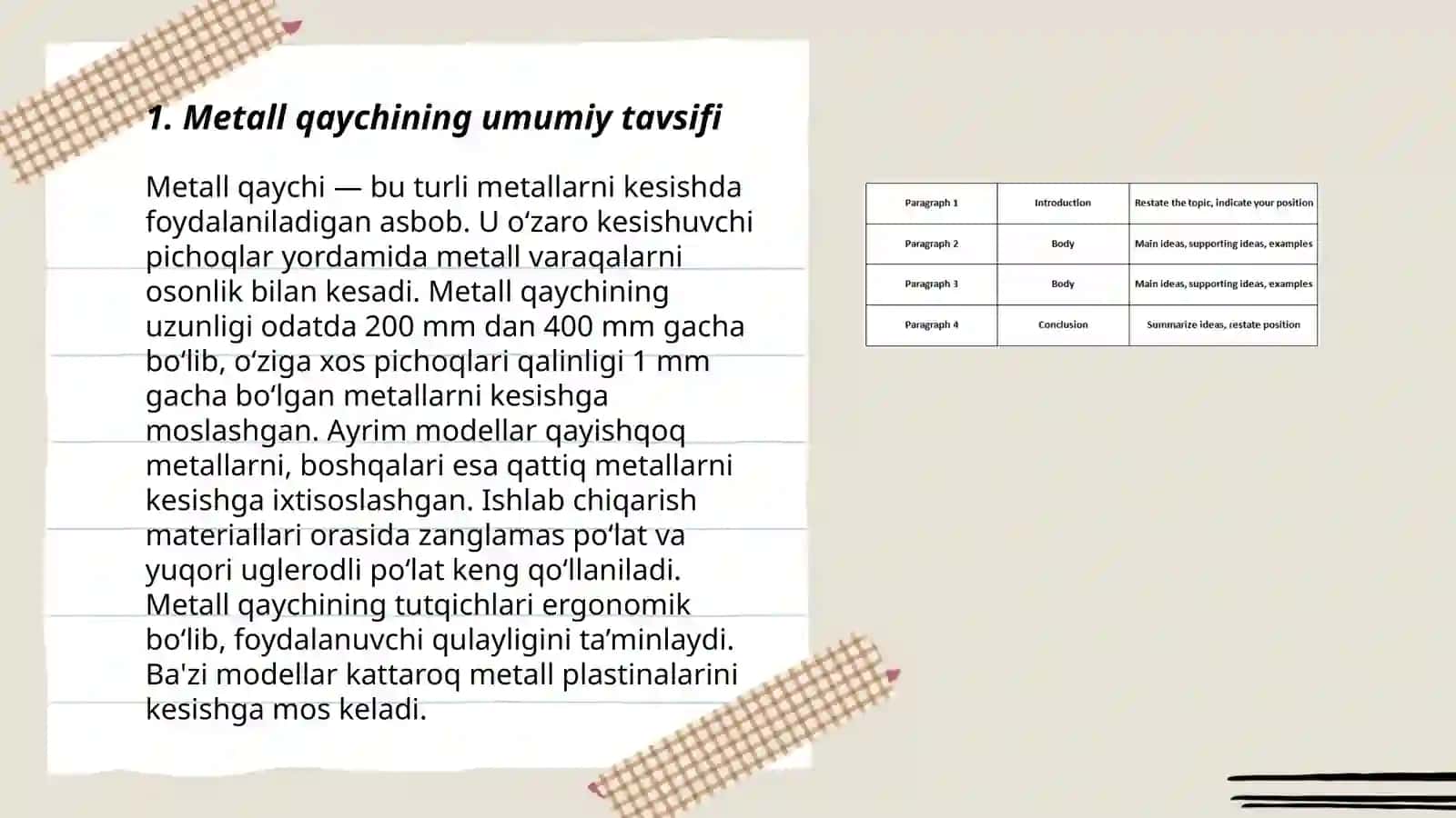 Metall qaychining turlari,tuzilishi,ishga sozlash,qirqish usullari 3