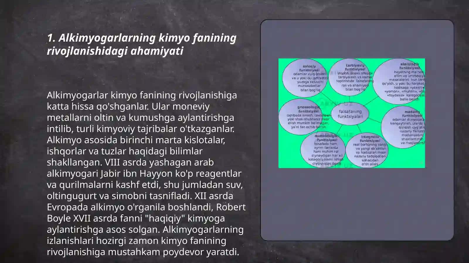 Alkimyogarlar taoliyatining kimyoni rivolantirishdagi roli. Mashhur arab alkimyogarlari 3