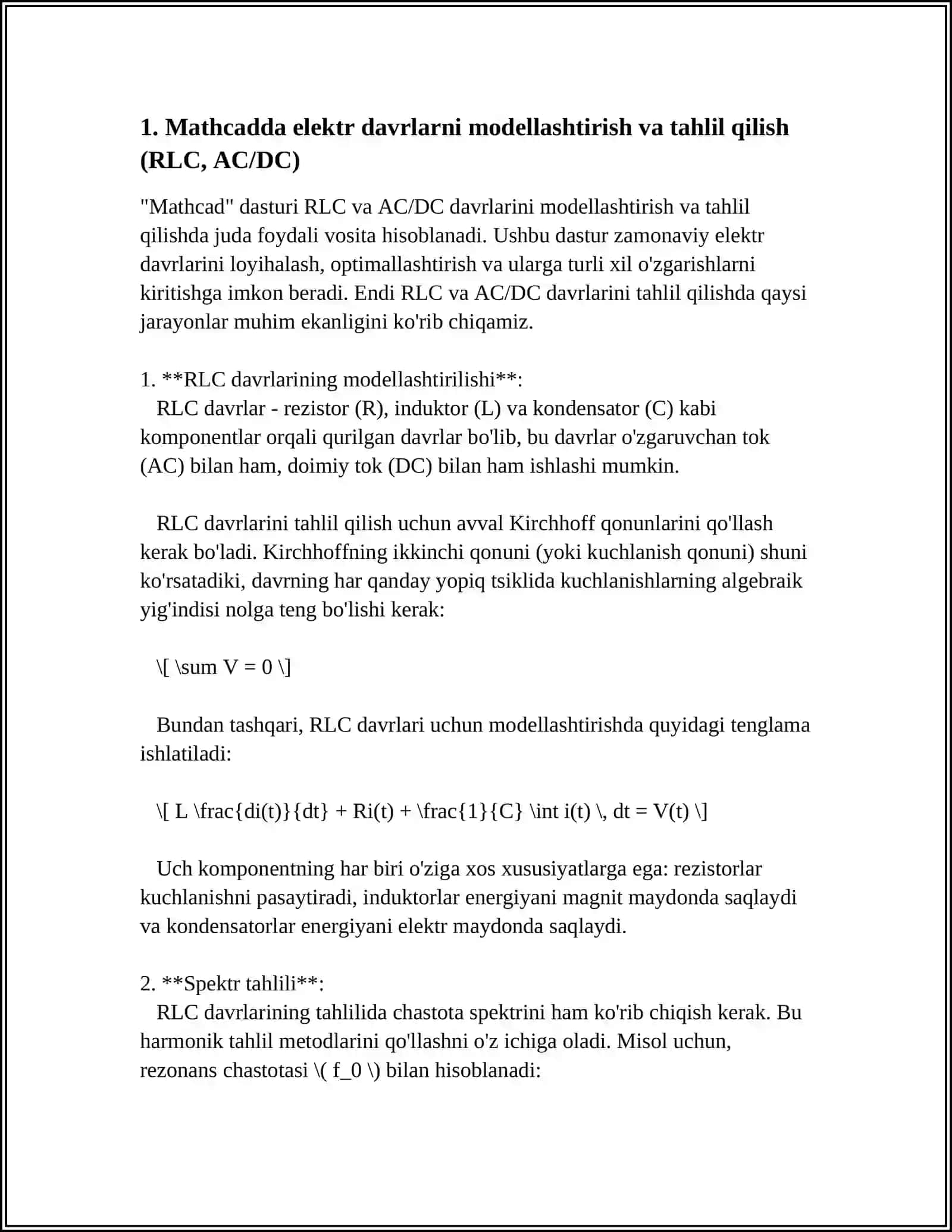 SOHADAGI TEXNIK TIZIMNI IFODALOVCHI MUHANDISLIK MASALALARINI YECHISH (SOHA BOYICHA MATHCAD SISTEMALARIDA ISHLASH) 3