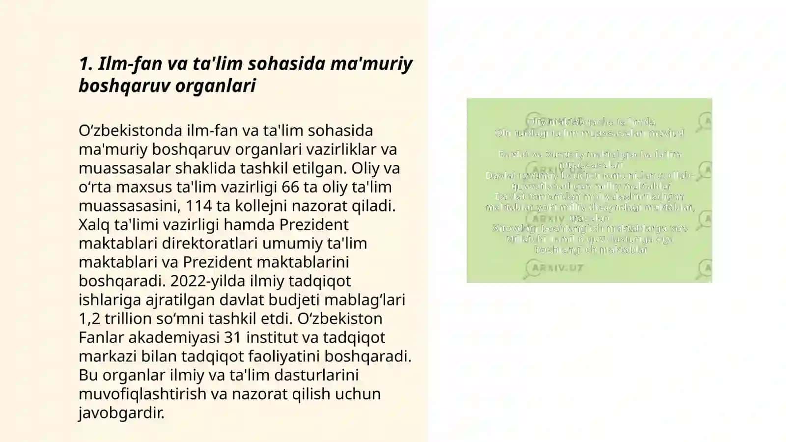 Ilm-fan va ta'lim sohasini ma'muriy-huquqiy tartibga soluvchi boshqaruv organlari 3