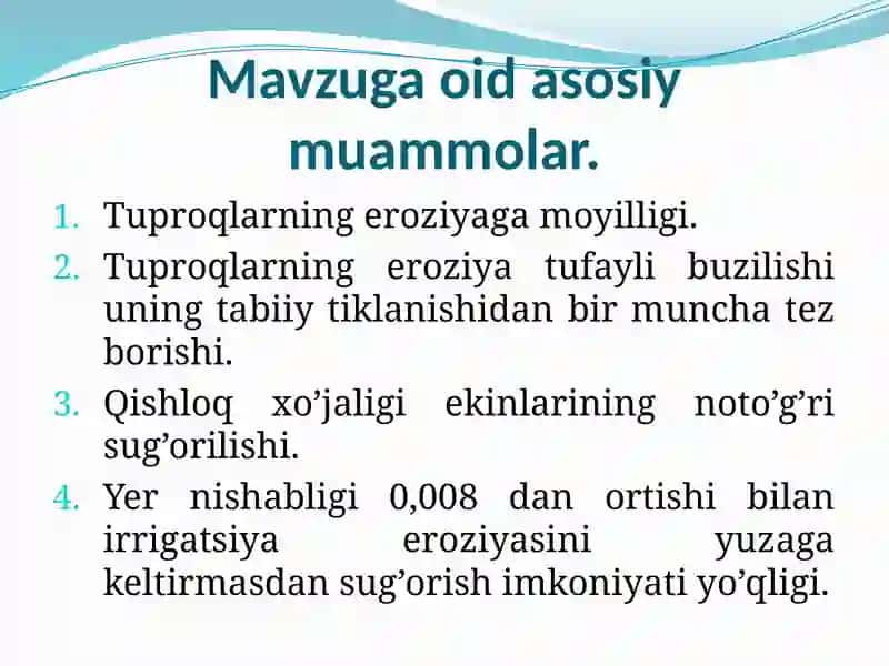 Sug'orib dehqonchilik qilinadigan mintaqalarda irrigatsiya eroziyasi, eroziyalangan tuproqlarni unumdorligini tiklash, oshirish va eroziyadan muhofazalash yo'llari 3