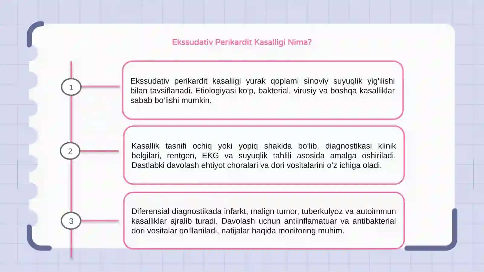 Ekssudativ perikardit kasalligi, etiologiyasi, tasnifi, diagnostika va differensial diagnostika, davolash va asorati 3