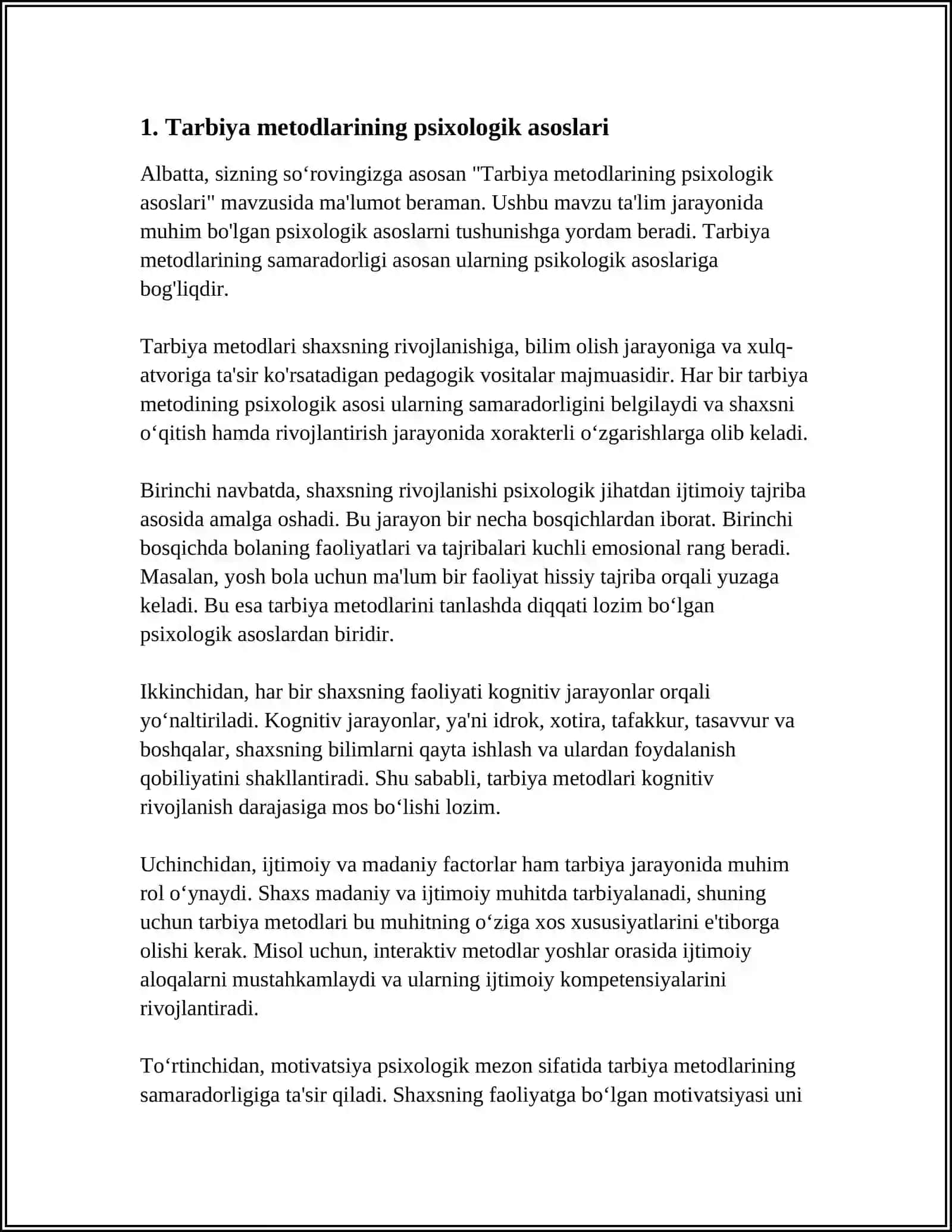 MUSTAQIL ISH Mavzu: TARBIYA METODLARI VA VOSITALARINING PSIXOLOGIK MAZMUNI 3