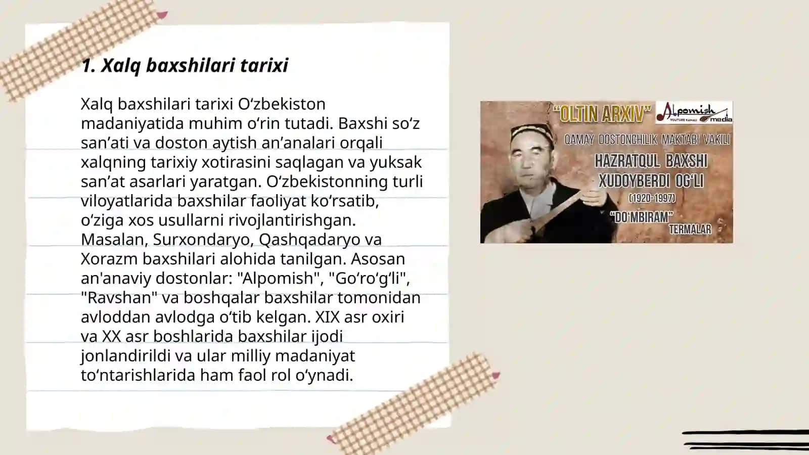 Xalq baxshilari. Dostonchilik maktablari va ularning an'analari 3
