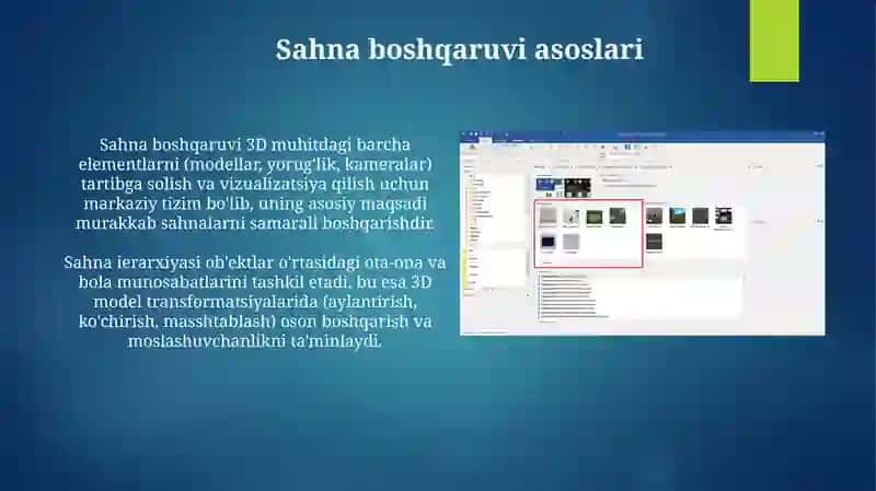 3DGrafikmuharriridasahnaniboshqarish. 3D modeltrasformatsiyasi 3