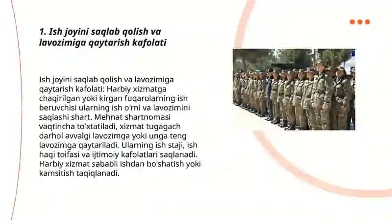 25 modda. Harbiy xizmatga chaqirilish yoki kirish munosabati blan fuqarolarga beriladigan kafolatlar 3