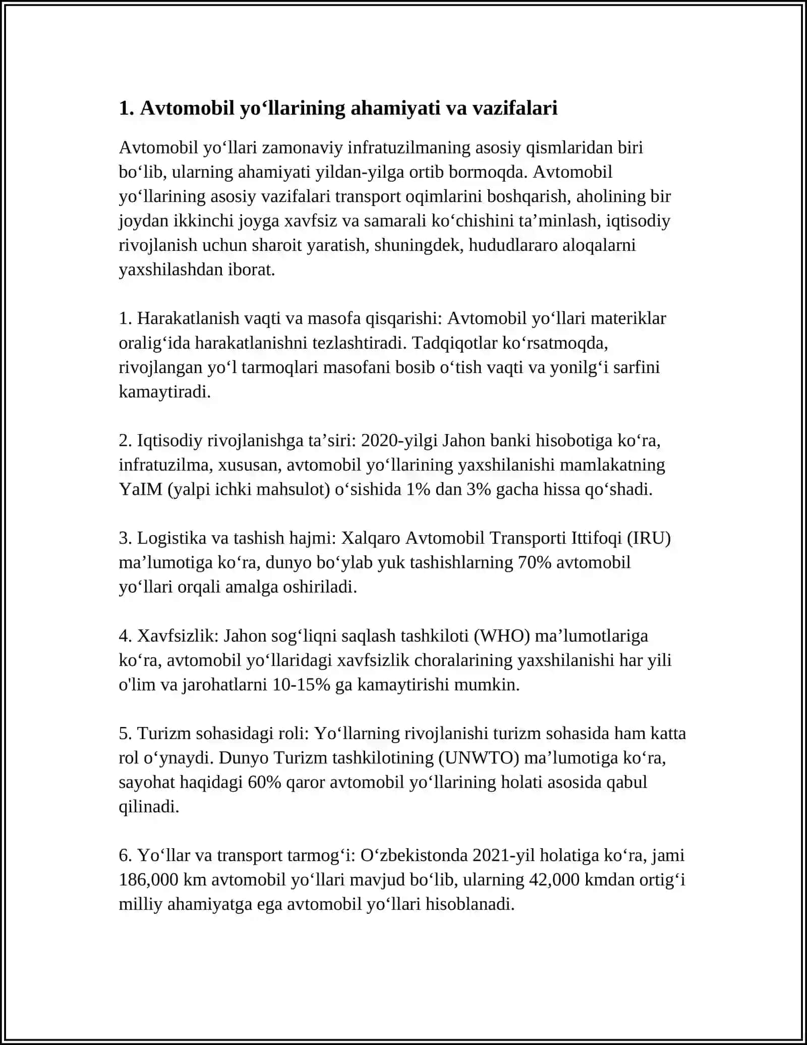 AVTOMOBIL YOʻLLARI HAQIDA UMUMIY TUSHUNCHALAR (OʻZBEKISTON RESPUBLIKASI MISOLIDA) 3