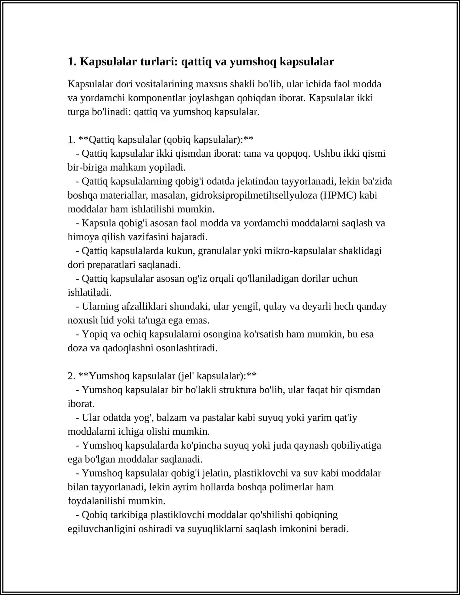 KAPSULALAR. ASBOB-USKUNALAR. JELATIN QOBIG'INING SIFATIGA TA'SIR QILUVCHI OMILLAR. KAPSÜL SIFATINI NAZORAT QILISH 3