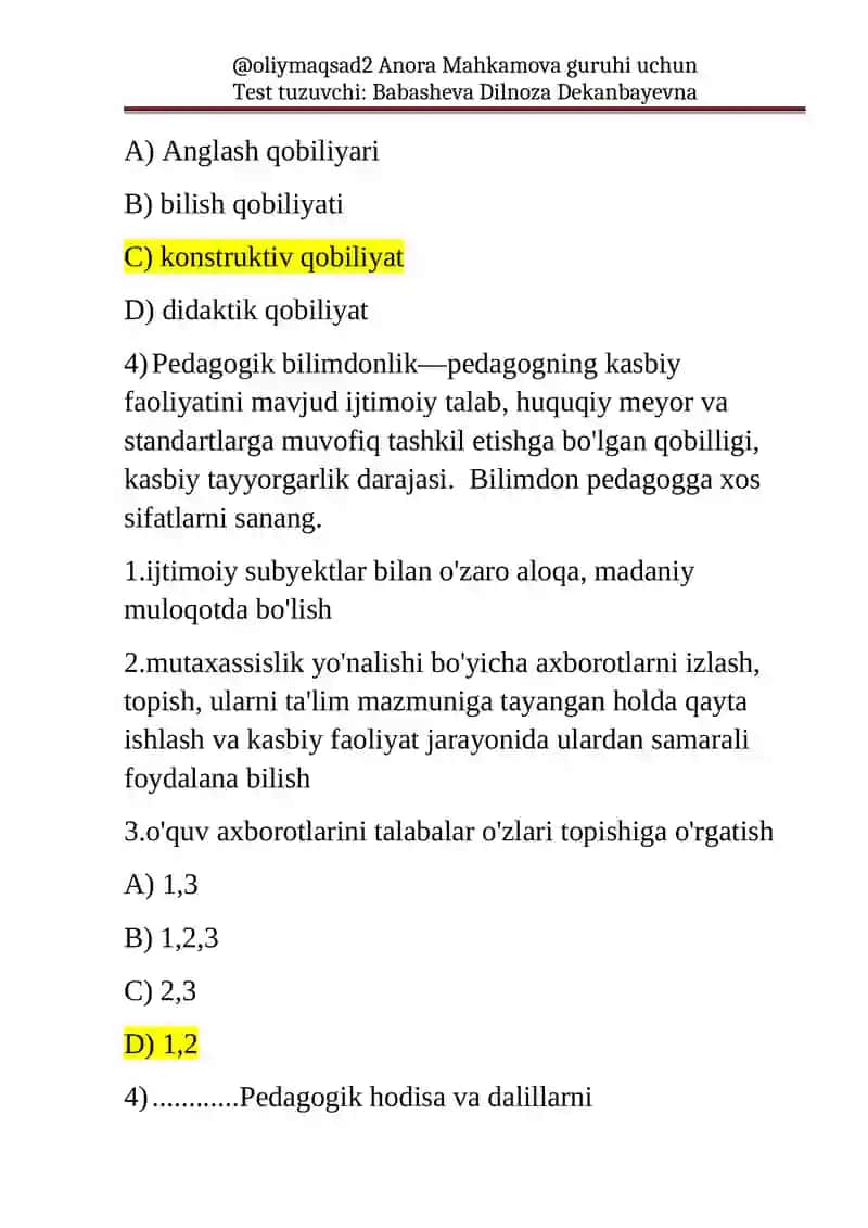 Test tuzuvchi: Babasheva Dilnoza Dekanbayevna 3
