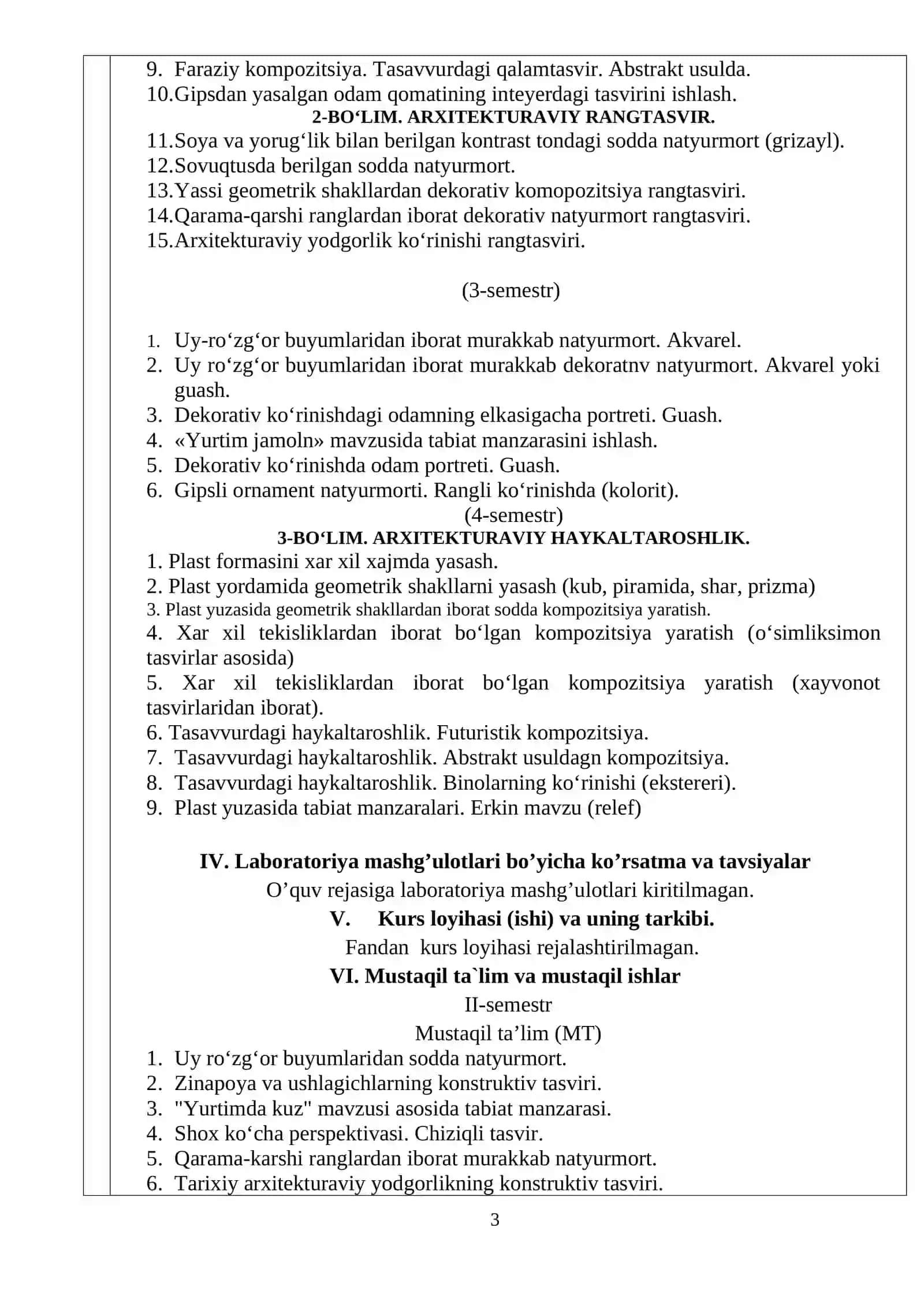 “ARXITEKTURAVIY QALAMTASVIR, RANGTASVIR VA HAYKALTAROSHLIK” fanining O‘QUV DASTURI 3