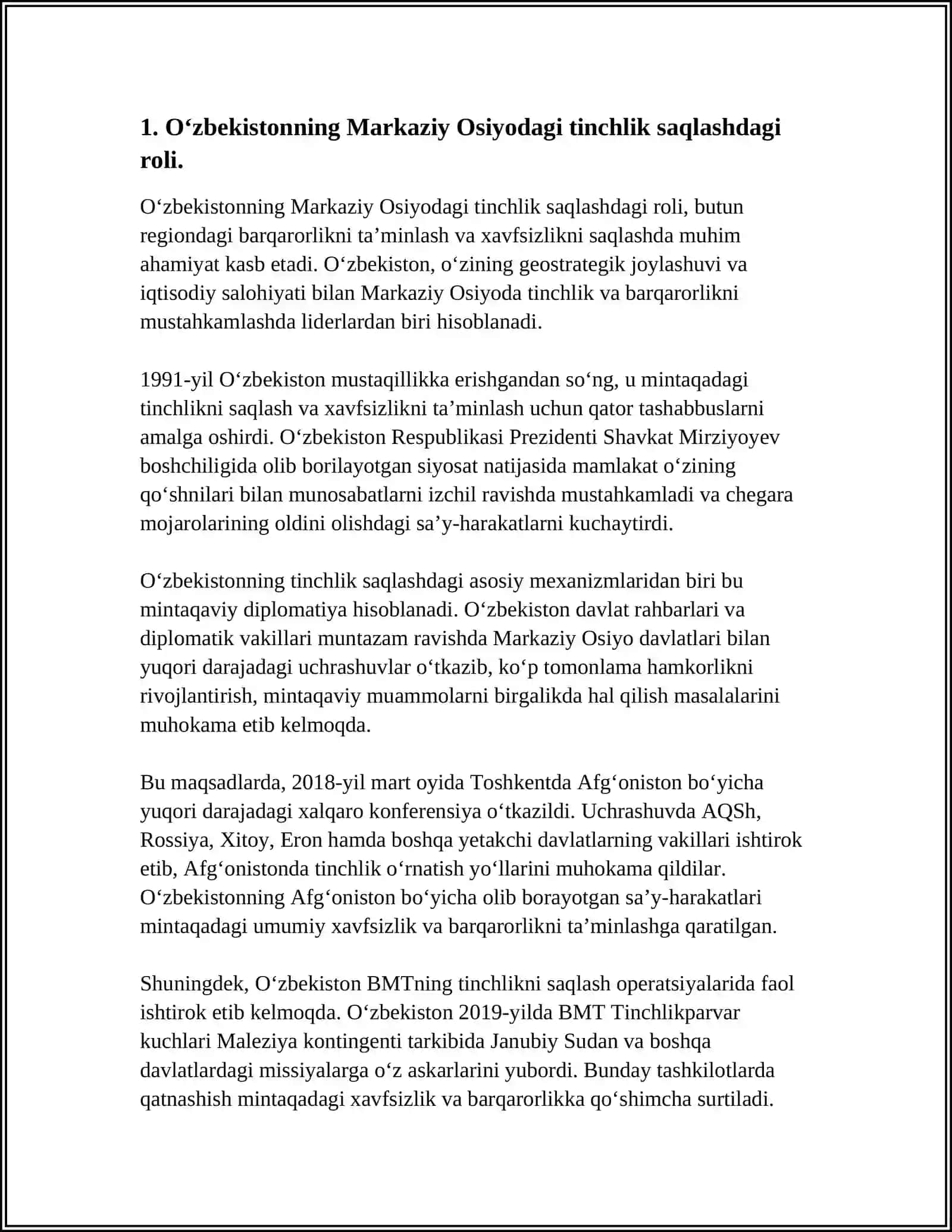 O‘ZBEKISTONNING MARKAZIY OSIYODA TINCHLIK VA BARQARORLIKNI TAMINLASHDAGI O’RNI 3