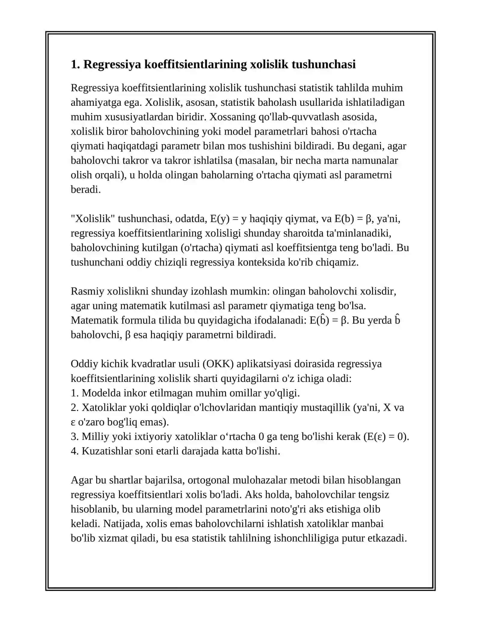 REGRESSIYA KOEFFITSIENTLARINING XOLISLIGI. REGRESSIYA KOEFFITSIENTLARINING ANIQLIGI 3