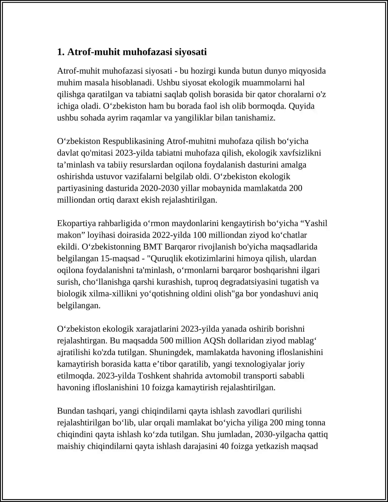 MUSTAQIL ISH Mavzu: OROL FOJIASI, EKOLOGIK HOLATNI YAXSHILASH BORASIDA DAVLAT SIYOSATI 3