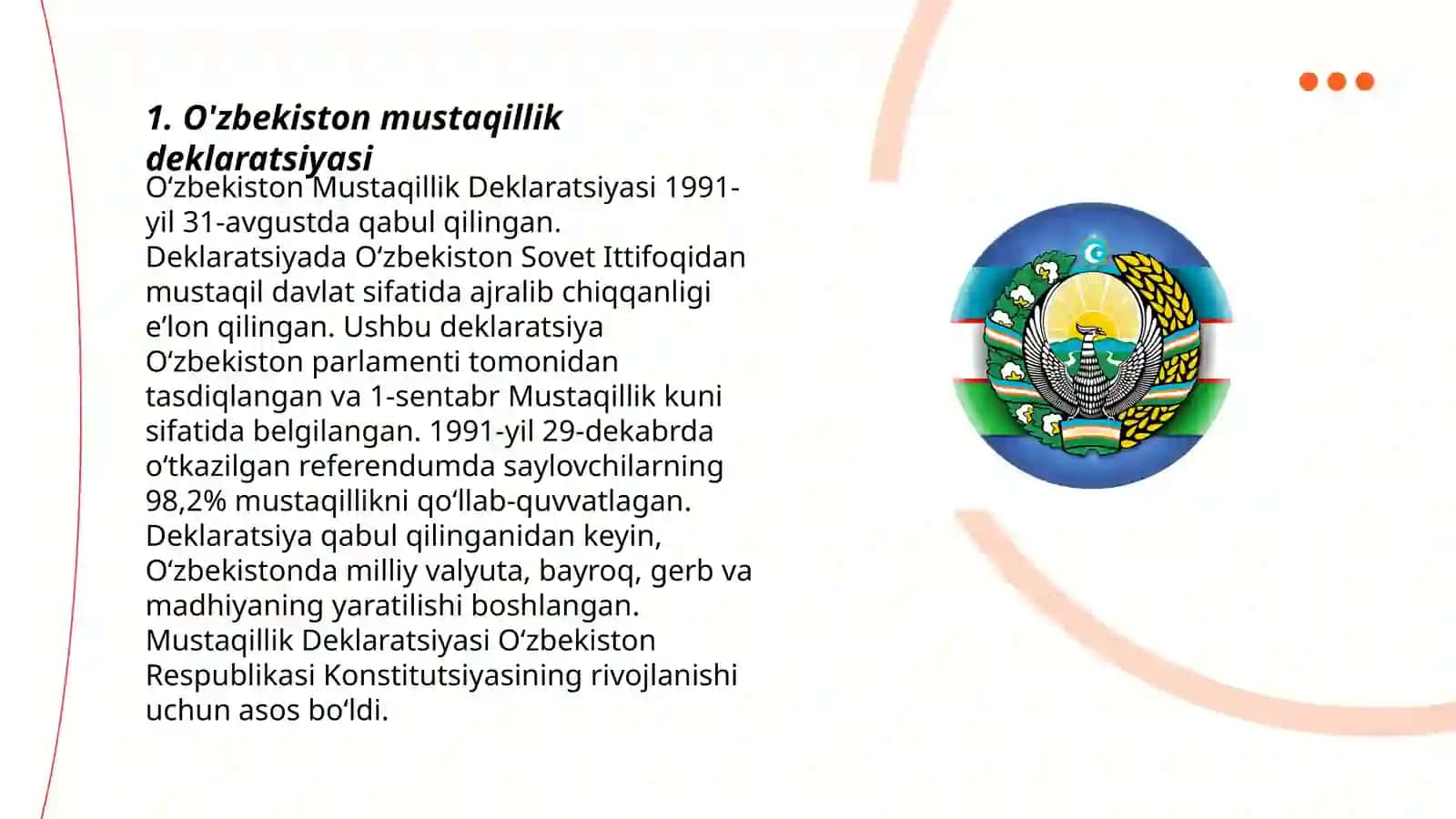 Mustaqil O'zbekiston Respublikasi tashkil topishining tarixiy ahamiyati. O'zbekistonning o'ziga xos istiqlol va taraqqiyot yo'li 3