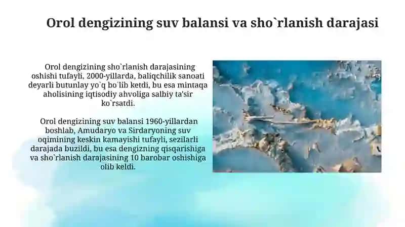 Orol dengizining suv shoʻrligi darajasining tabiiy va antropogen oʻzgarishlari 3