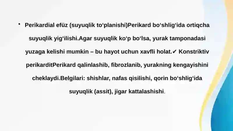 PERIKARD KASALLIKLARI.YURAK O‘SMALARI.YURAKTRANSPLANTATSIYALARI 3