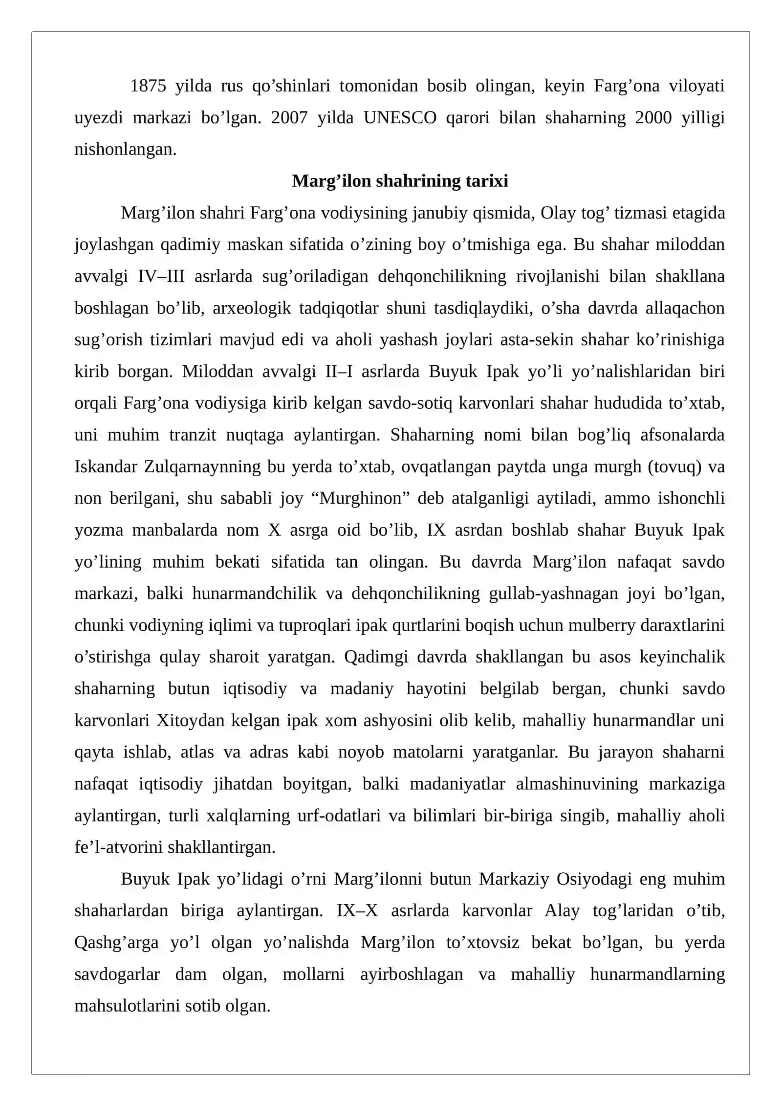 Marg’ilon shahar tarixi, dini, etnik tarkibi, turmush tarzi va milliy urf-odatlari 3