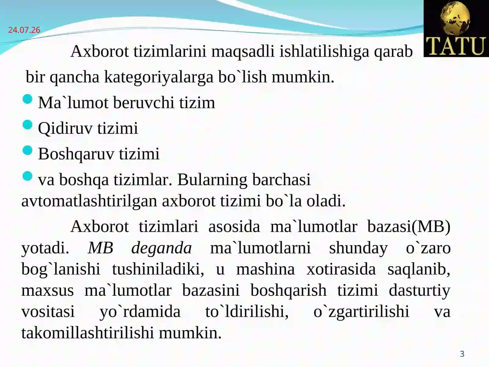 Ma’lumotlar bazasining maqsadi, vazifalari va asosiy tushunchalari 3