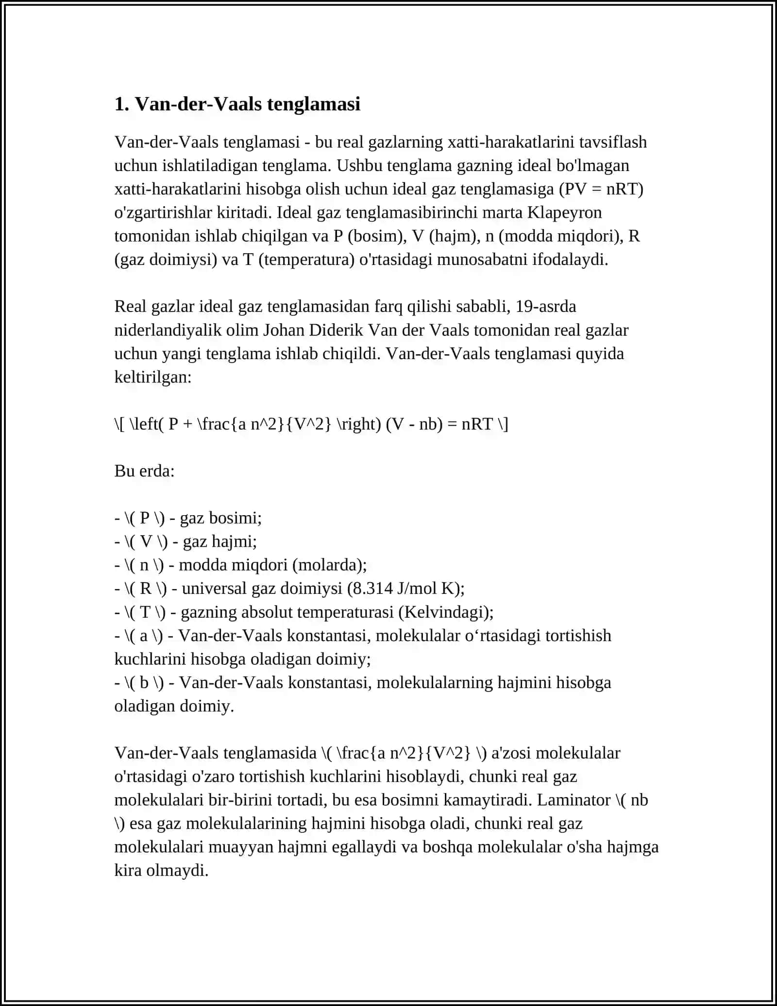 VAN-DER-VAALS TENGLAMASI. VAN -DER-VAALS IZOTERMALARI VA ULARNING TAHLILI.IZOTERMALAR 3