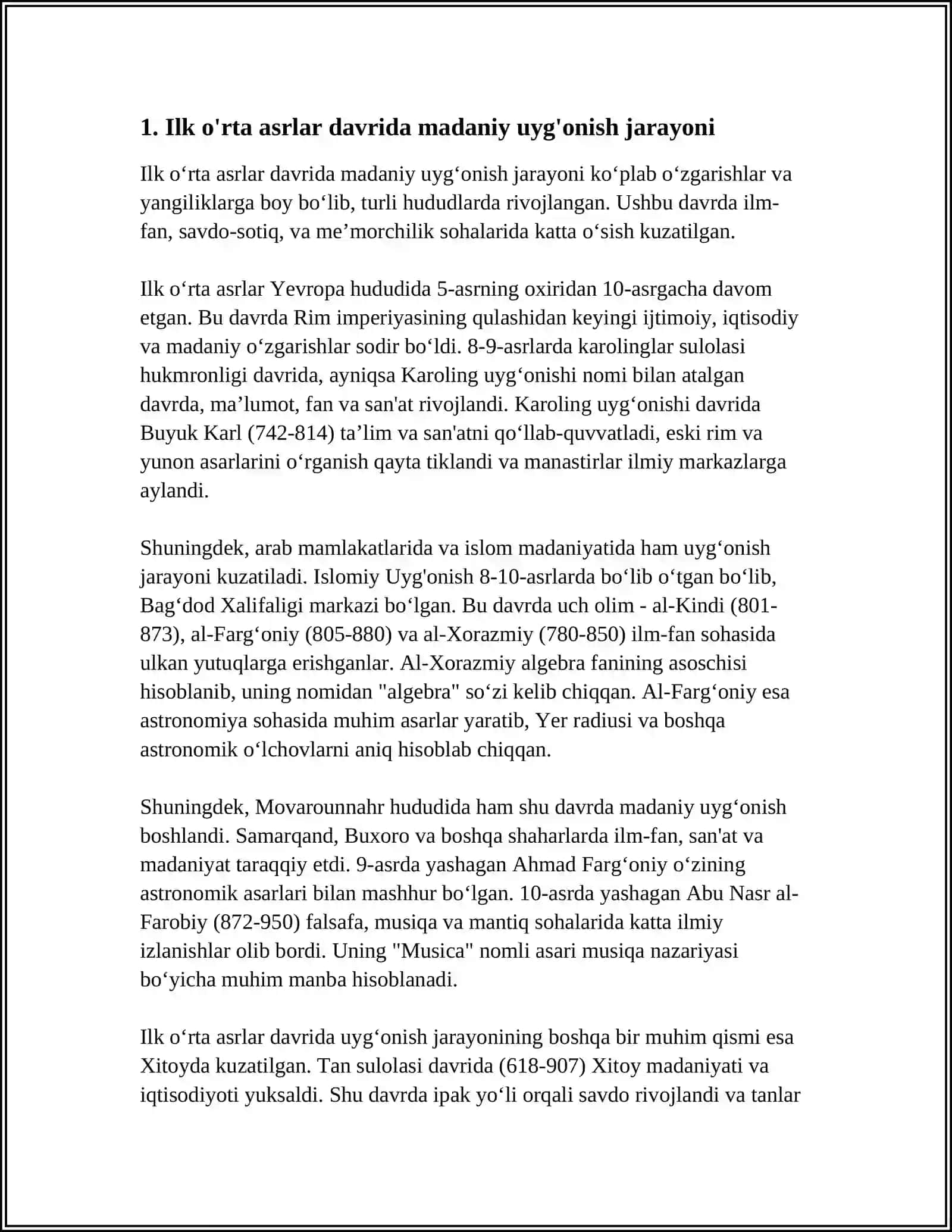 IX-XII ASRLARDA MAMLAKATIMIZ HUDUDIDA RO‘Y BERGAN MADANIY UYG‘ONISH. BUYUK ALLOMALARNING JAHON SIVILIZATSIYASIGA QO‘SHGAN HISSASI 3