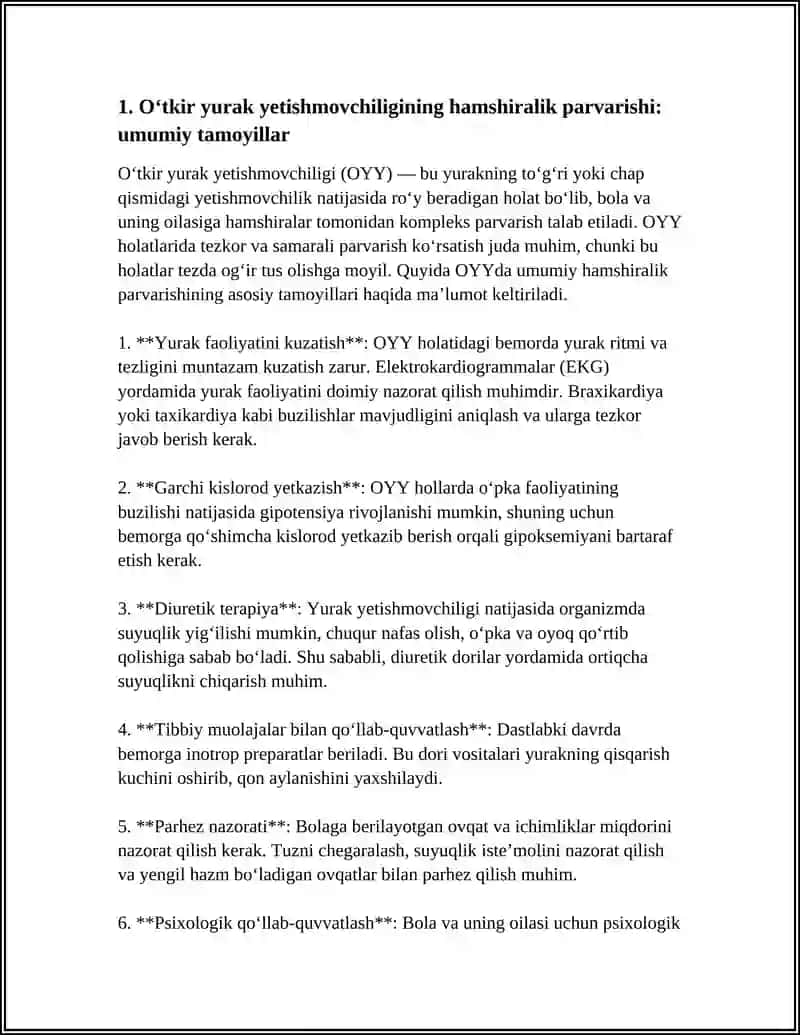 OʻTKIR YURAK YETISHMOVCHILIGIDA BOLA VA UNING OILASIGA HAMSHIRALIK PARVARISHI 3