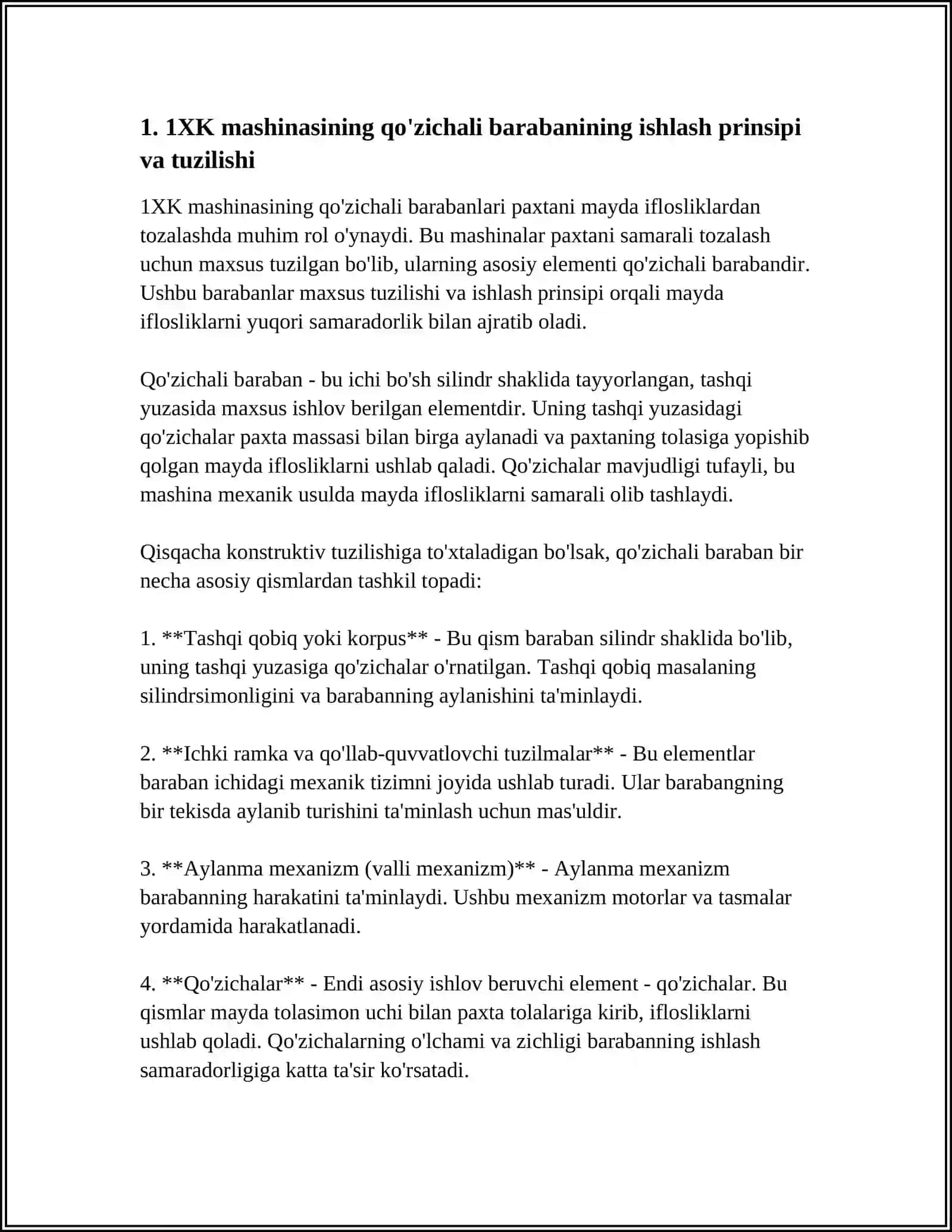 PAXTANI MAYDA IFLOSLIKLARDAN TOZALASHDA 1XK MASHINASINING QOZICHALI BARABANI TAXLILI MAVZUSI 3