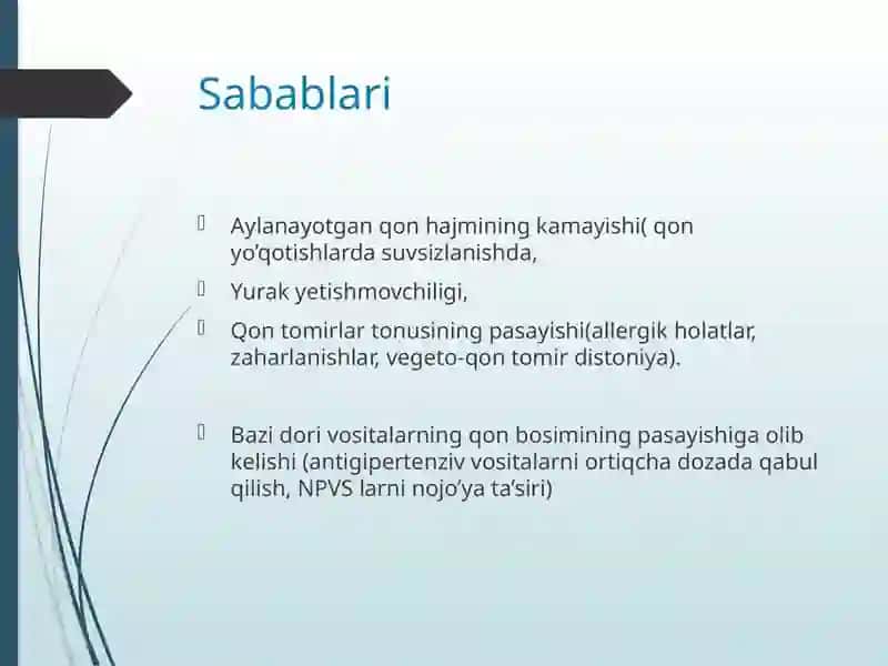 Arterial gipotoniya. Xushni yo’qotish, kollaps, shok turlari. Gipovolemik shok va qayta taqsimlanuvchi shok. Klinikasi, diagnostikasi, birinchi tez tibbiy yordam ko’rsatish 3
