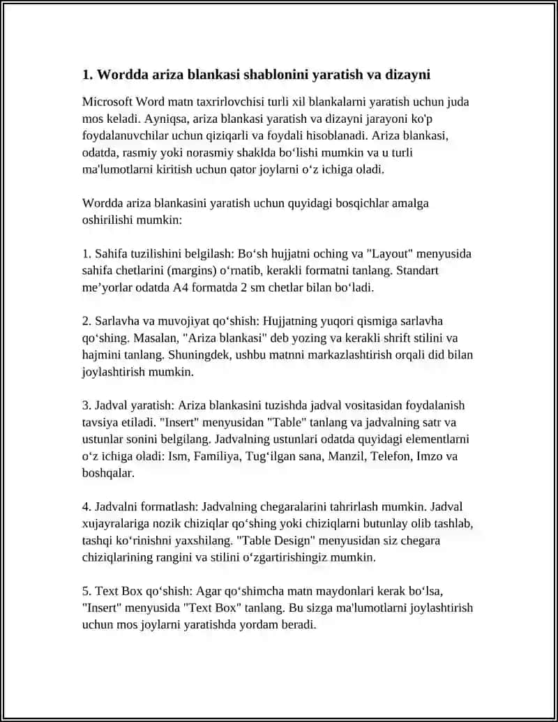 MS WORD MATN TAXRRIRLAGICHIDA TURLI XIL BLANKALAR YARATISH (ARIZA, KASALLIK KARTASI, ANALIZLAR BLANKASI VA H.K.). 3