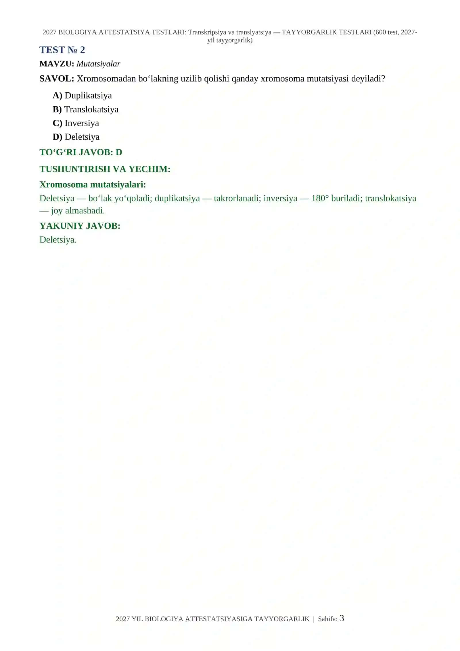 2027 BIOLOGIYA ATTESTATSIYA TESTLARI: Transkripsiya va translyatsiya — TAYYORGARLIK TESTLARI (600 test, 2027-yil tayyorgarlik) 3