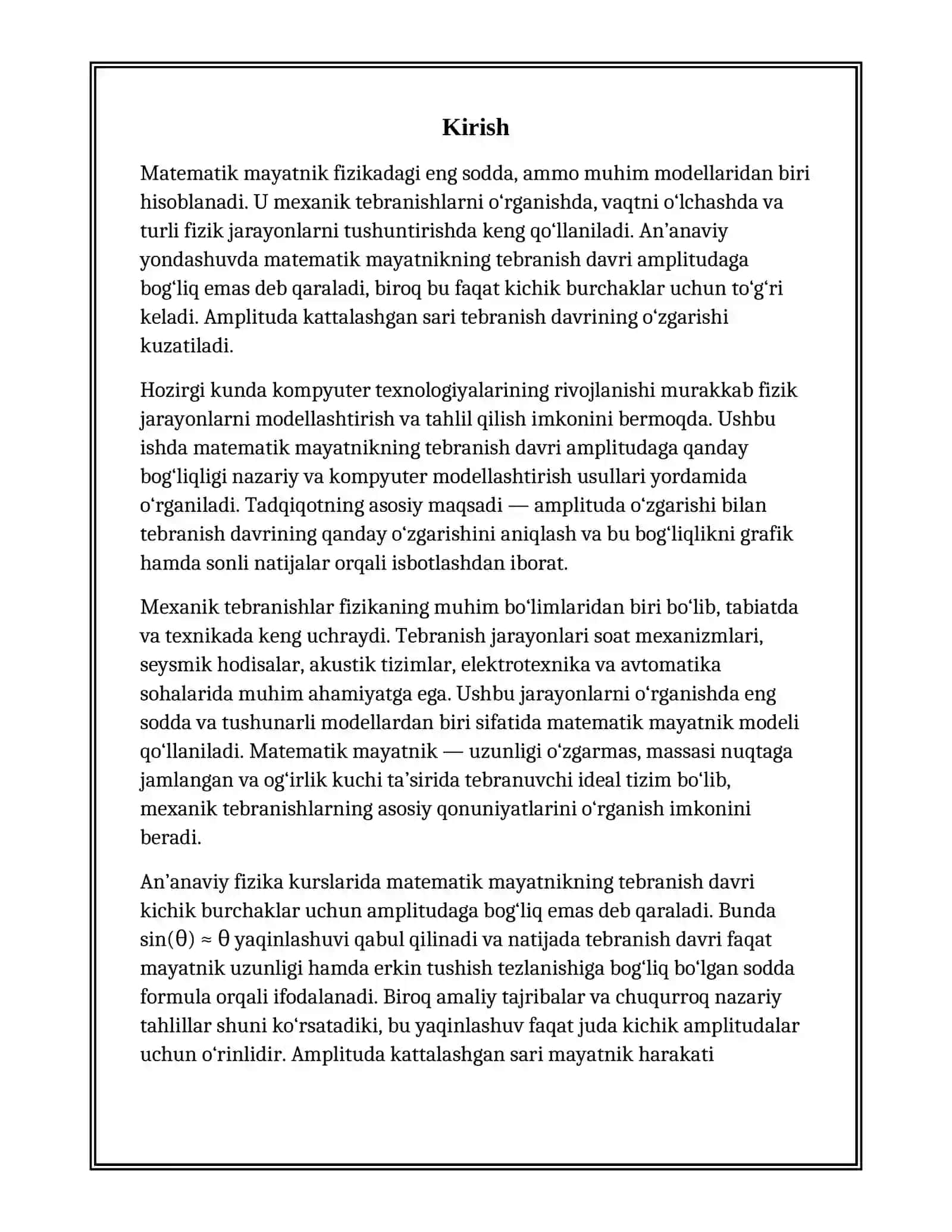 MATEMATIK MAYATNIKNING TEBRANISH DAVRI ULARNING AMPLITUDASIGA BOĜLIQLIGINI KOMPYUTERDA MODELLASHTIRISH 3