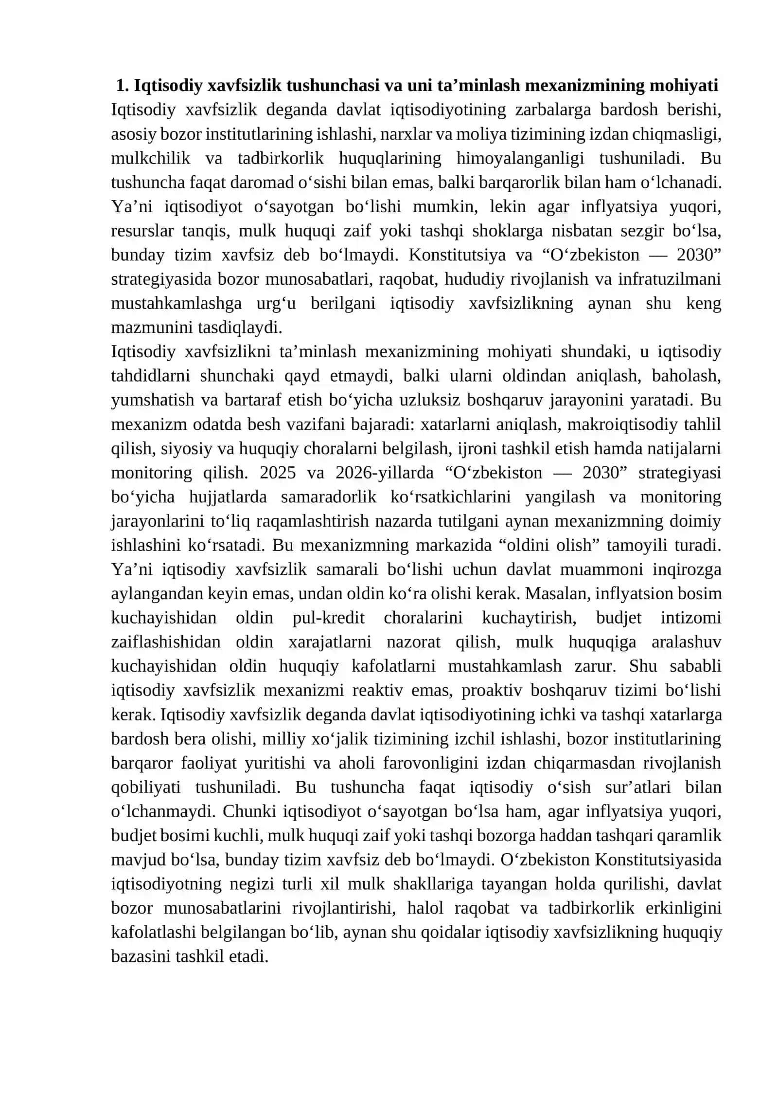 Iqtisodiy xavfsizlikni ta’minlash mexanizmi faoliyati
Reja 3