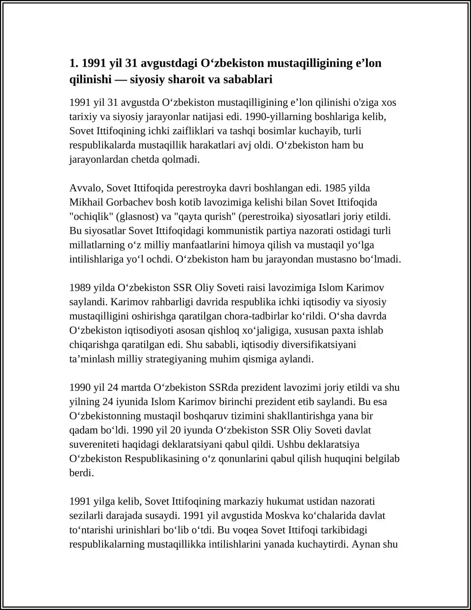 O‘zbekiston Mustaqilligining e’lon qilinishi va uning tarixiy ahmiyati 3