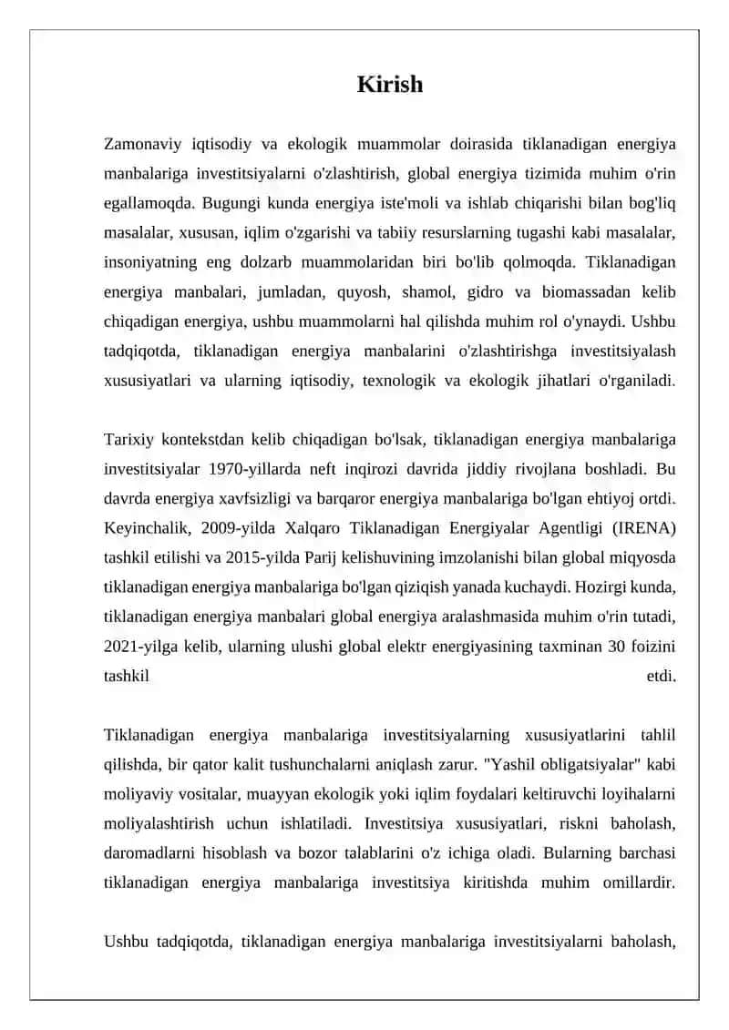 Tiklanadigan energiya manbalarini o'zlashtirishni investitsiyalash xususiyatlari 3
