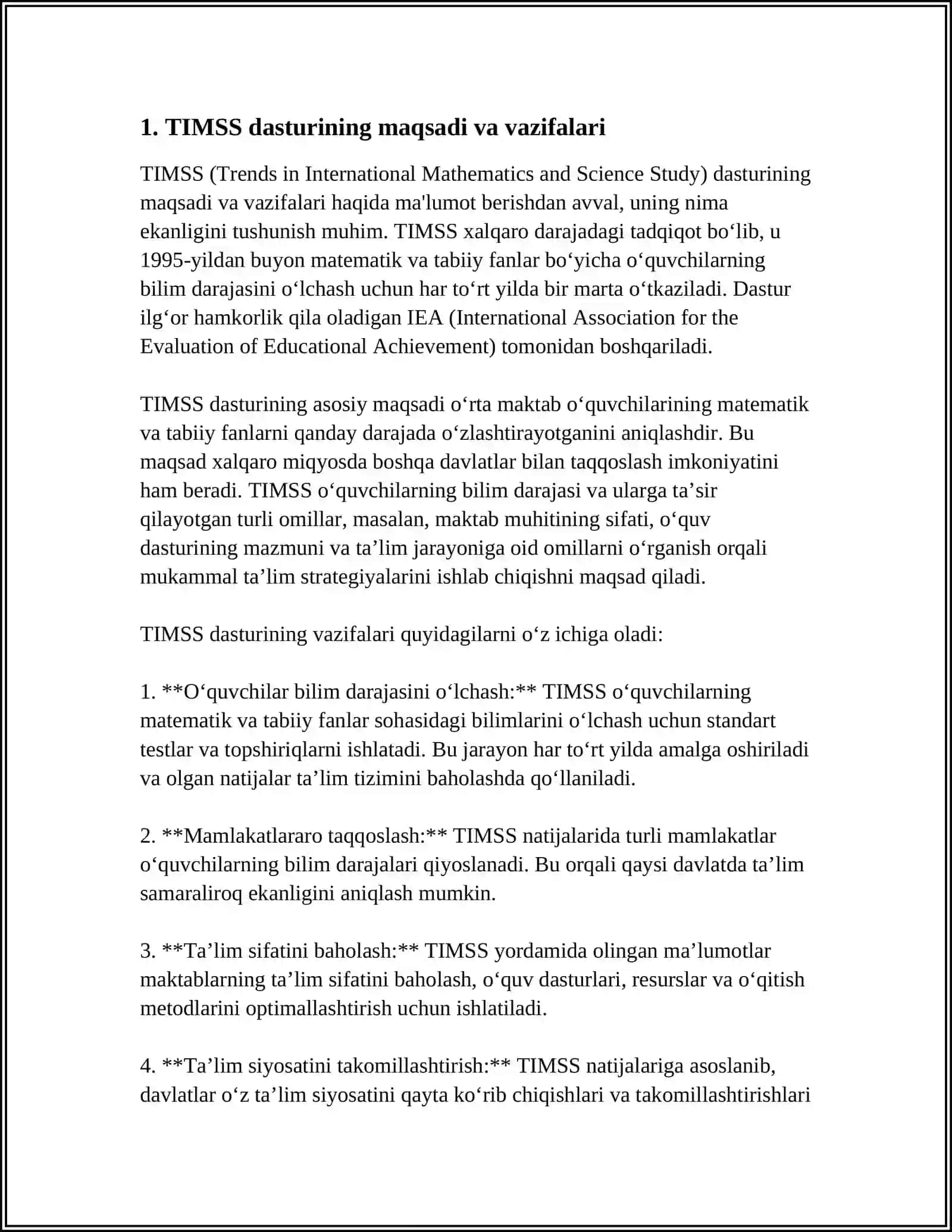 XALQARO BAHOLASH DASTURI TIMSS VA PISA TOPSHIRIQLARNING TURLARI VA BAHOLASH MEZONLARI 3