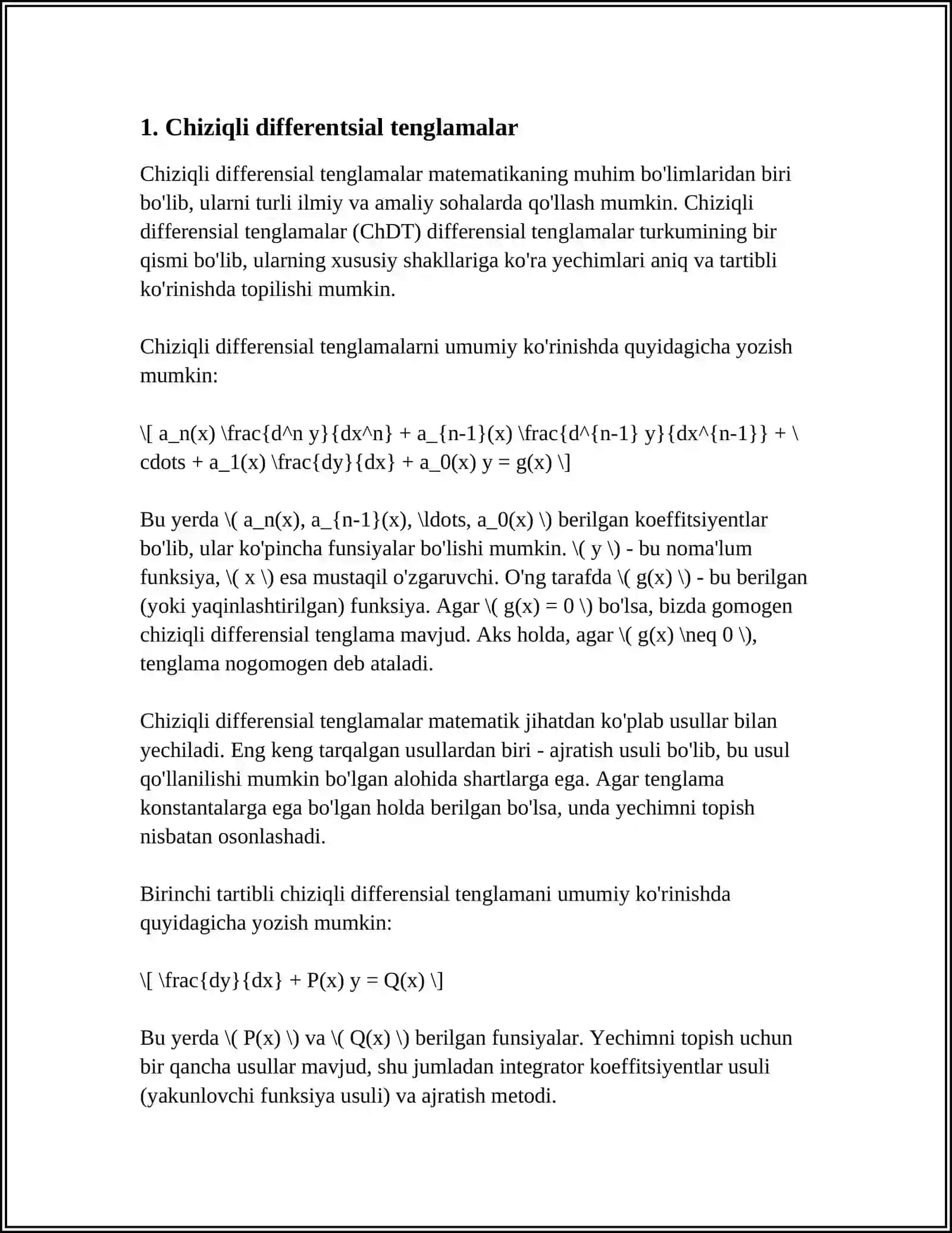 CHIZIQLI OʻZGARMAS KOEFFISIYENLI BIR JINSLI VA BIR JINSLI BOʻLMAGAN DIFFERENTSIAL TENGLAMALAR 3
