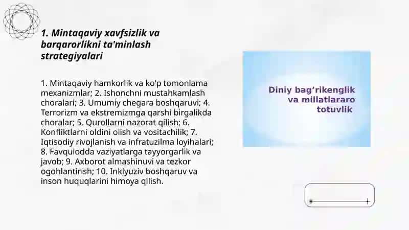 Xavfsizlik, millatlararo totuvlik va diniy bag'rikenglikni ta'minlash hamda chuquro'ylangan, o'zaro manfaatli va amaliy tashqi siyosat sohasidagi ustuvor yo'nalishlar 3