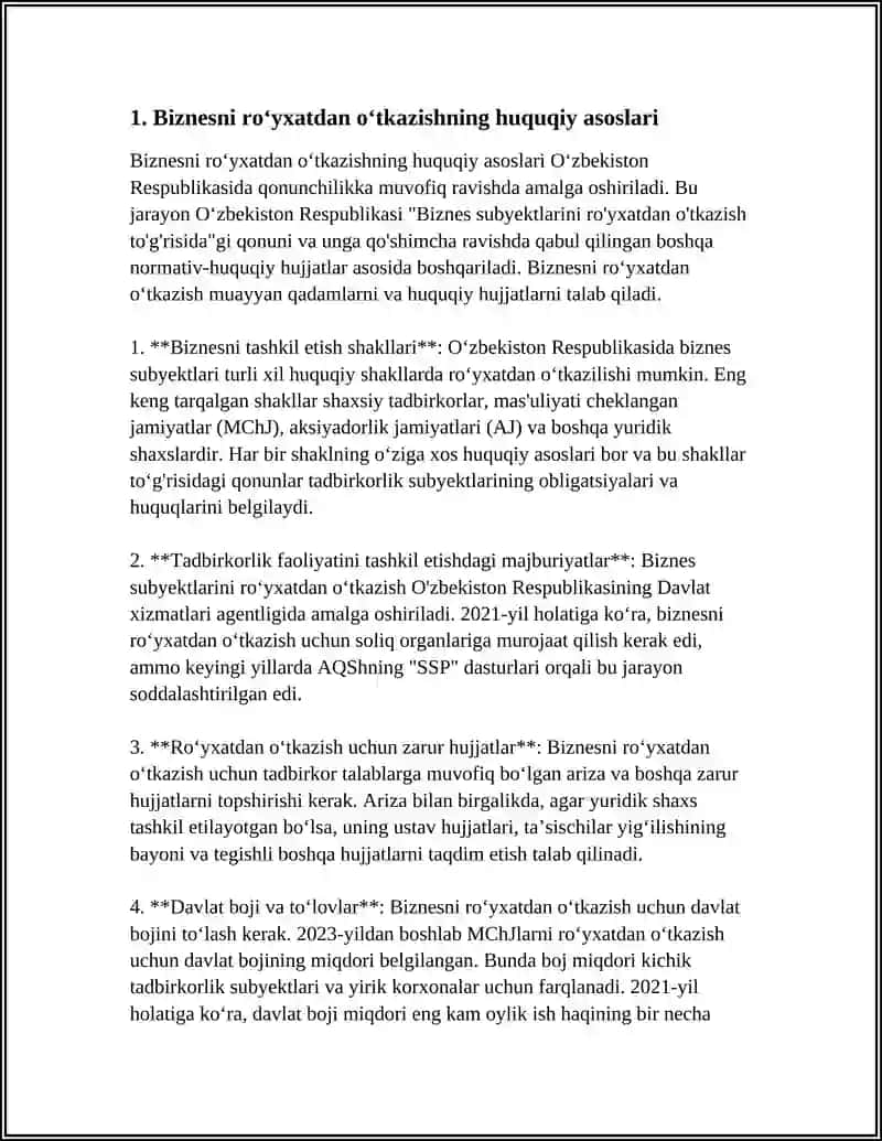 REFERAT Mavzu: BIZNESNI ROʻYXATDAN OʻTKAZISH TARTIBGA SOLISH VA NAZORAT QILISHNI HUQUQIY ASOSLARI 3