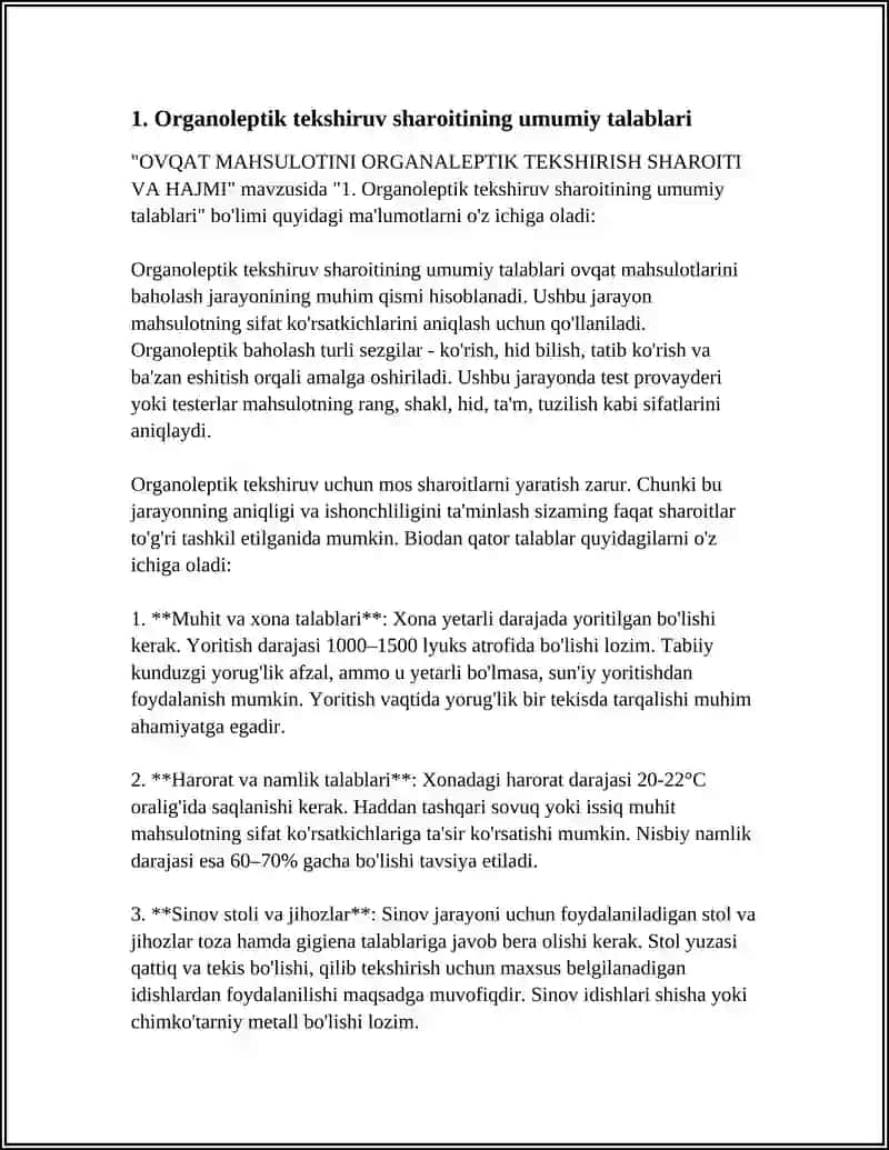 OVQAT MAHSULOTINI ORGANALEPTIK TEKSHIRISH SHAROITI VA HAJMI 3