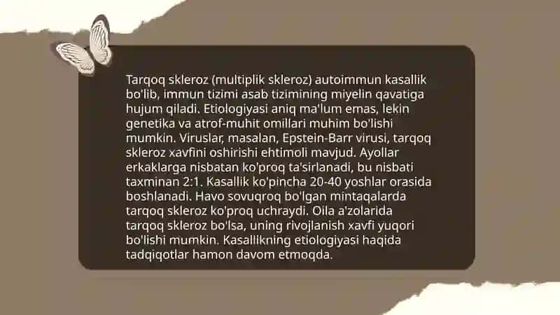 Tarqoq skleroz etialogiyasi, patogenezi, klinikasi, tashxislash va davolash 3