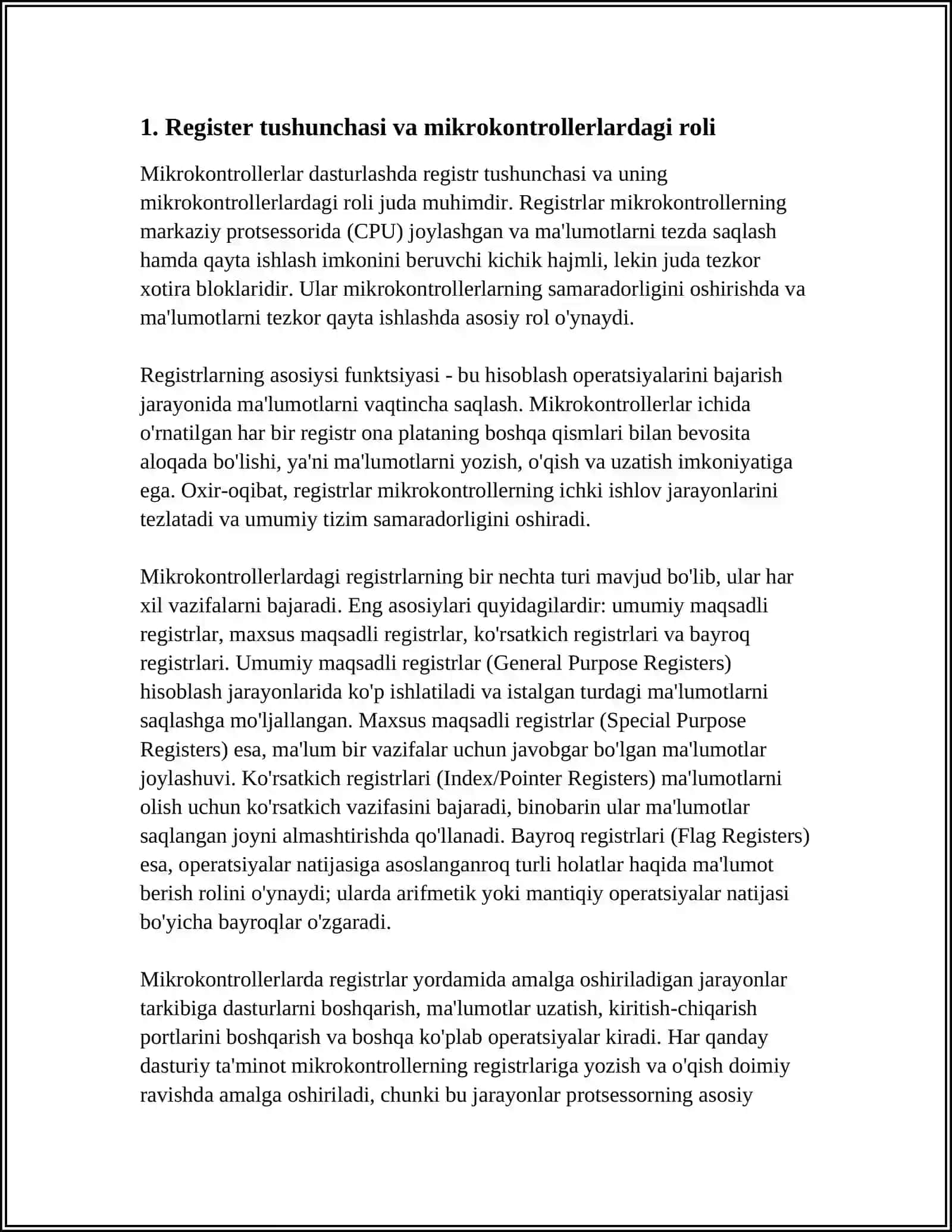 MIKROKONTROLLERLARDA REGISTRLAR BILAN ISHLASH 3