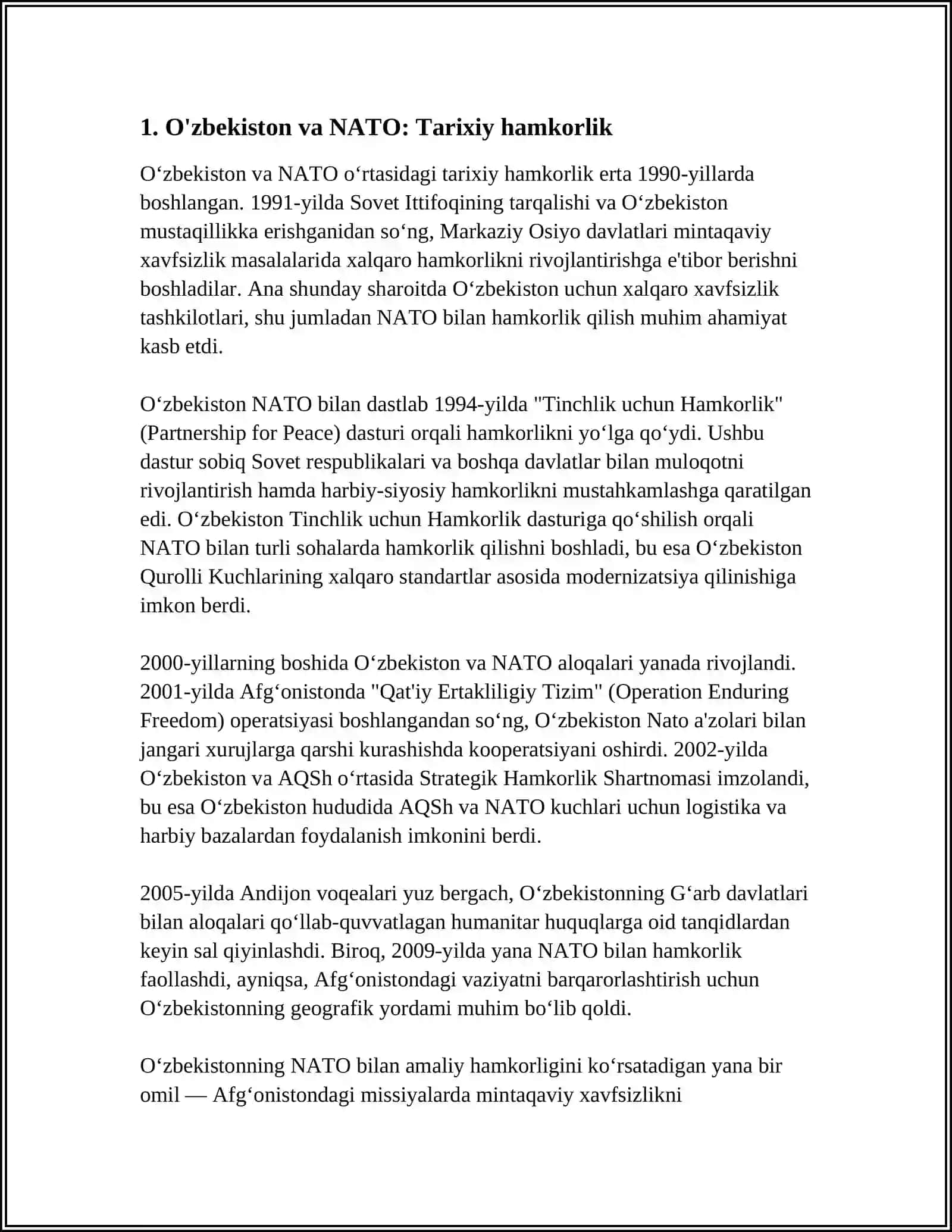 O’ZBEKISTON RESPUBLIKASINING NATO BILAN ALOQALARI HAQIDA 3