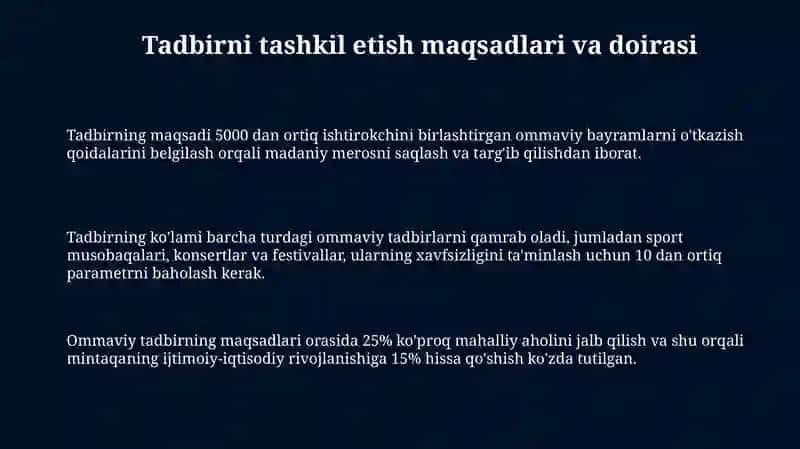 Samaradorligi ommaviy tadbirlarda ruhsat beruvchi tartib-tamoyillari 3