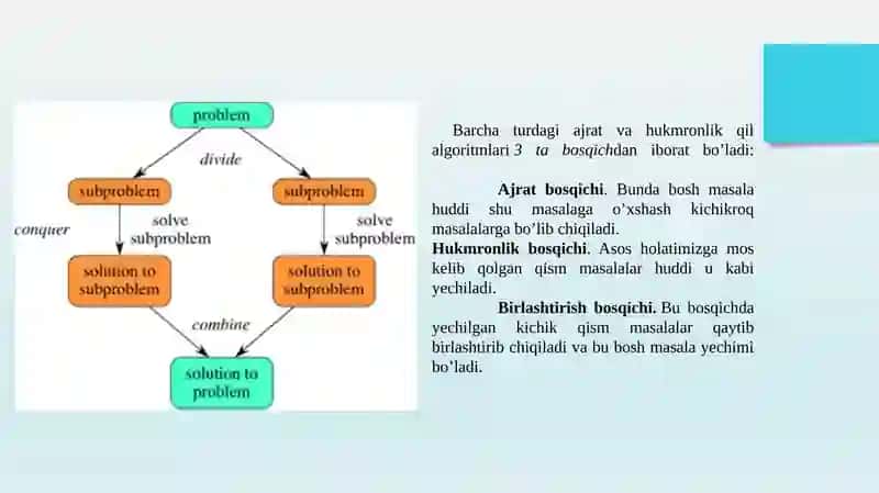 “Ajrat va hukumronlik qil” prinsipi bo’yicha ishlaydigan algoritmlarni loyihalash. Elementlar jamlanmasini biror belgi bo’yicha tartiblash algortimi 3