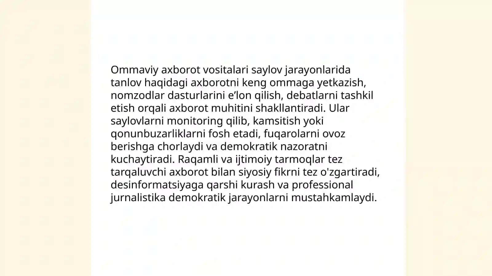 Oʻzbekistonning demokratik rivojlanishi va fuqarolarning jamiyat hayotidagi faolligini oshirishda ommaviy axborot vositalari va ahborotning ahamiyati 3