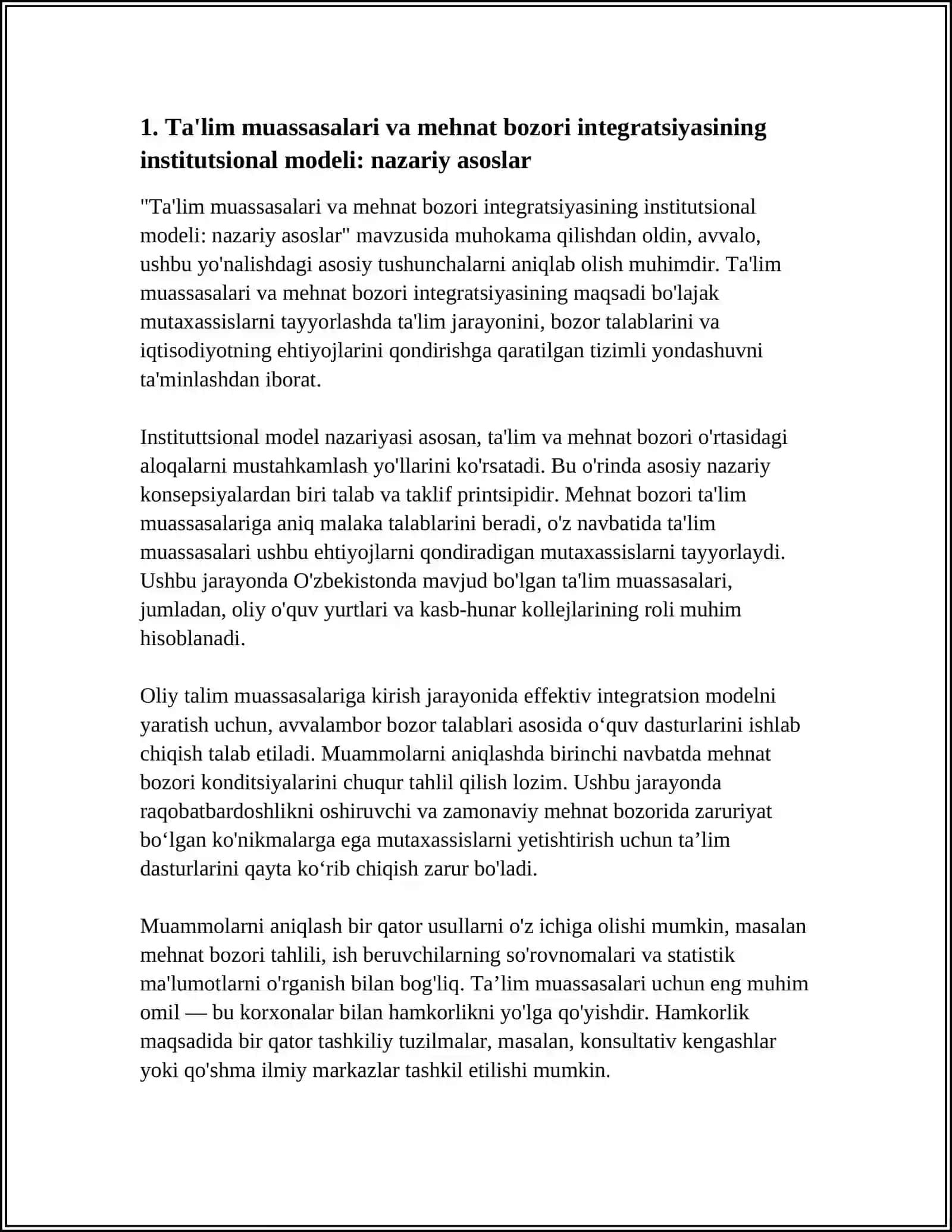 TA'LIM MUASSASALARI VA MEHNAT BOZORI INTEGRATSIYA SI: KASBGA YOʻNALTIRISH SAMARADORLIGINI OSHIRISH NI INSTITUTSIONAL MODELI 3
