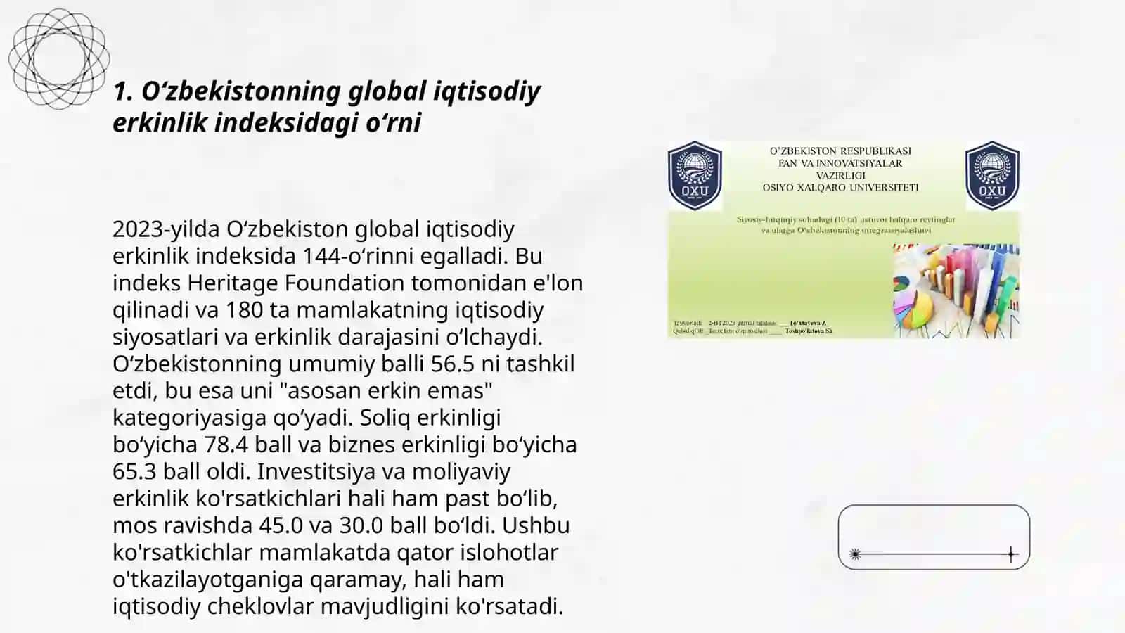 Iqtisodiy va ijtimoiy sohadagi ustuvor xalqaro reytinglar va ularga Oʻzbekistonning integratsiyalashuvi 3