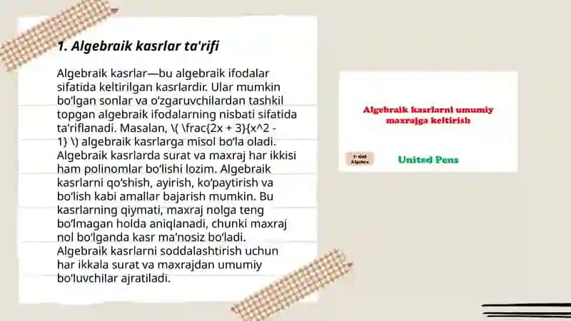 Algebraik kasrlarni umumiy maxrajga keltirish 3