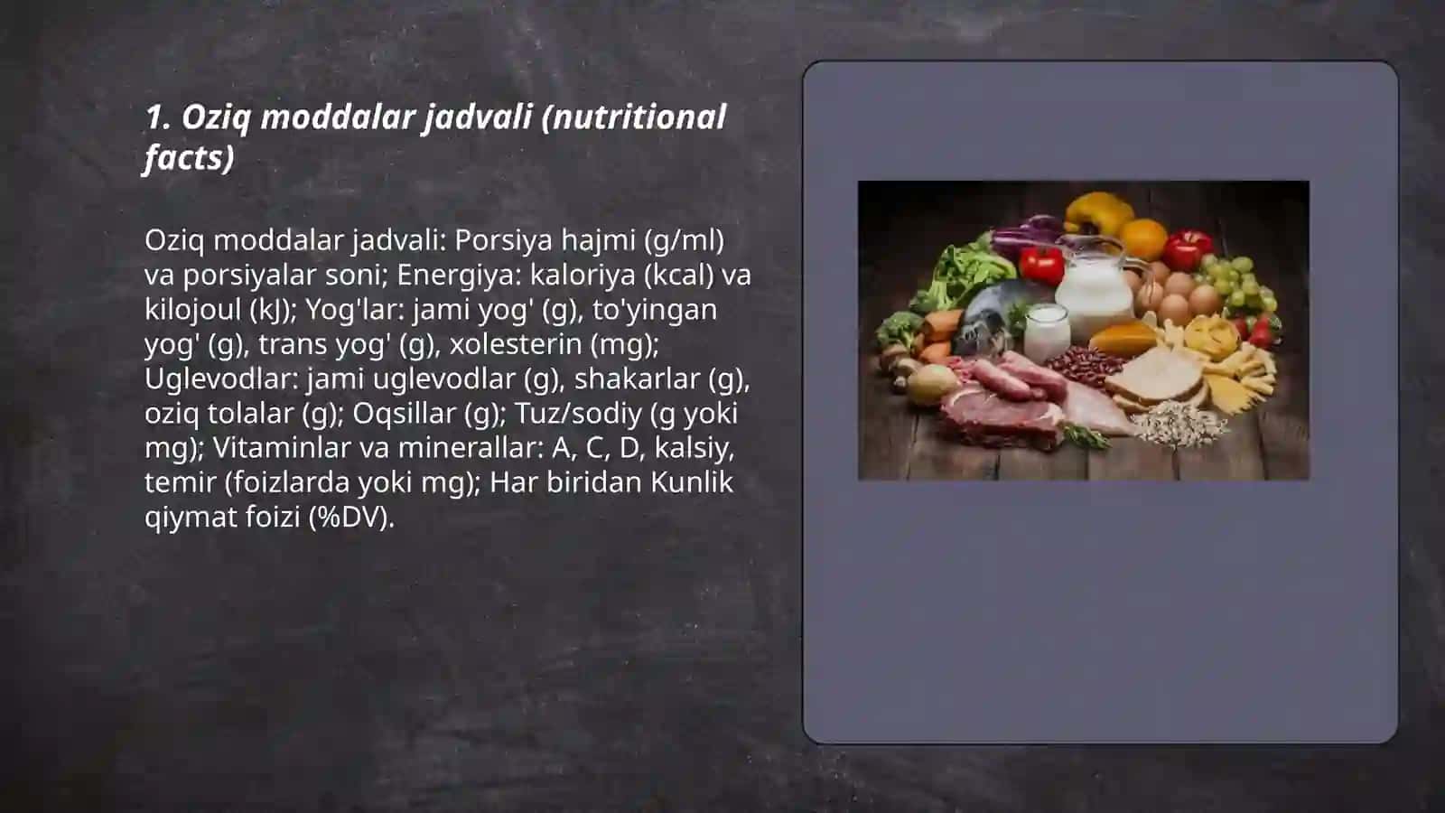 Oziq ovqat mahsulotlarining tarkibi foydali va zararli xususiyatlarini yorliqlari 3