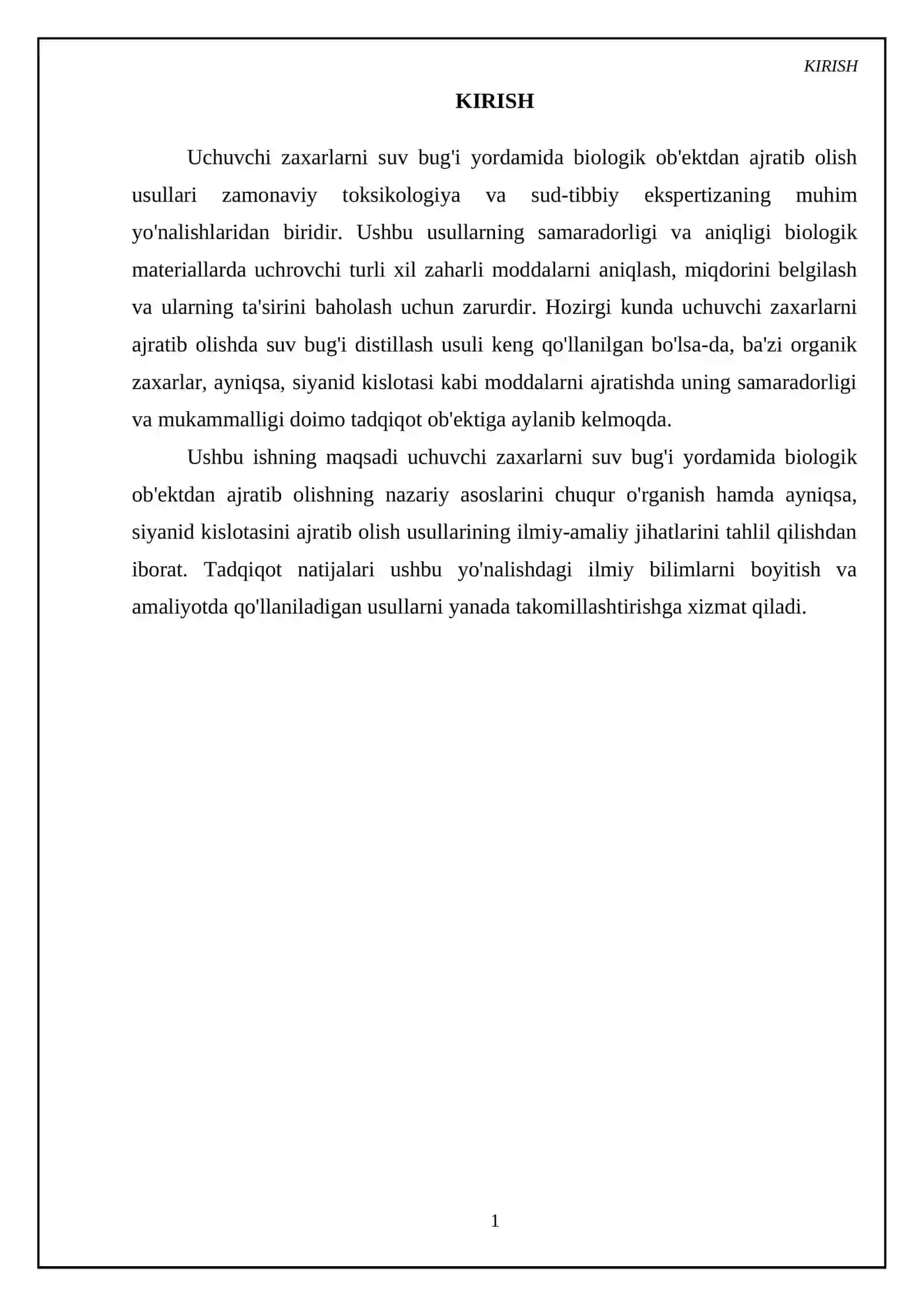Uchuvchı zaxarlarnı suv bugı yordamıda bıologık ob'ektdan ajratıb olıshnıng nazarı asosları 3