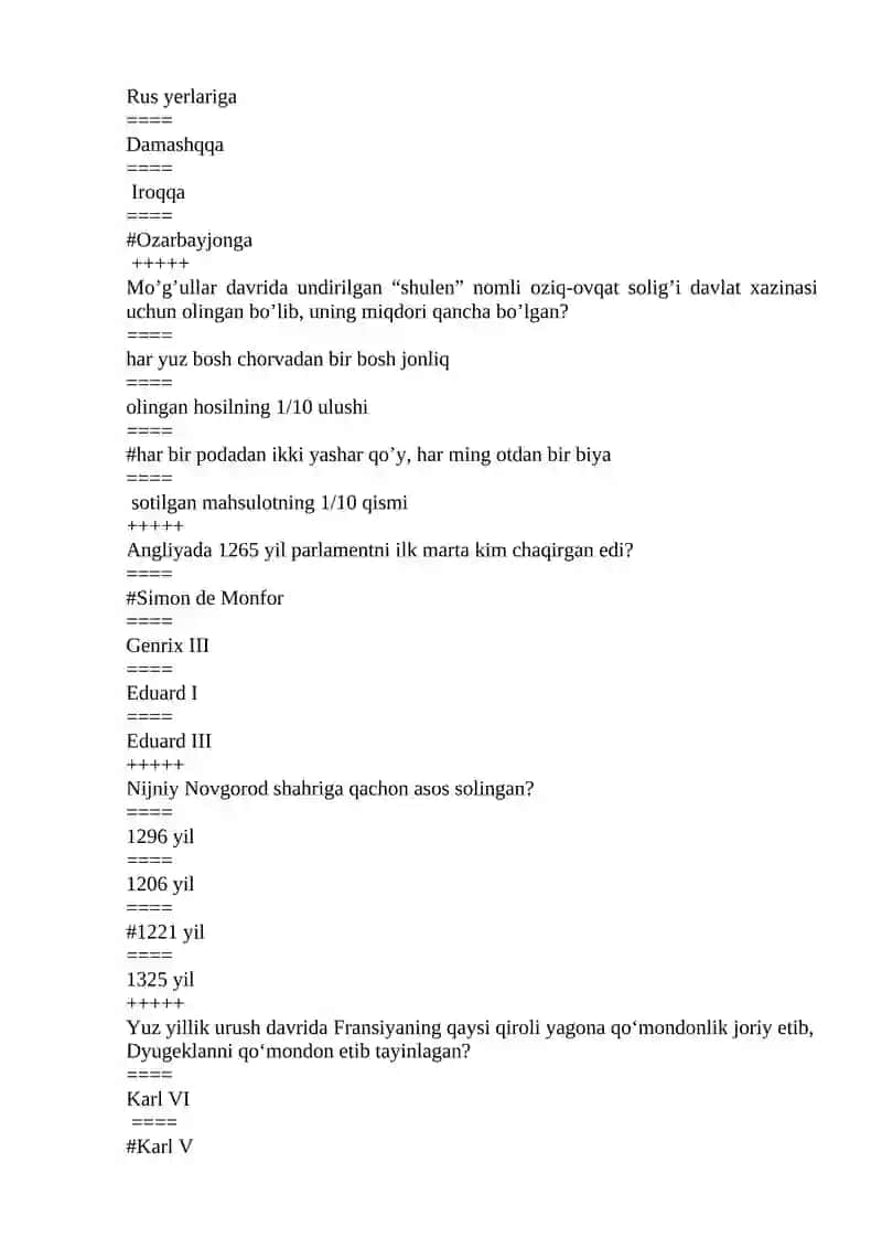Jahon tarixi fanidan 2-kurs 2- semester uchun test savollari 3